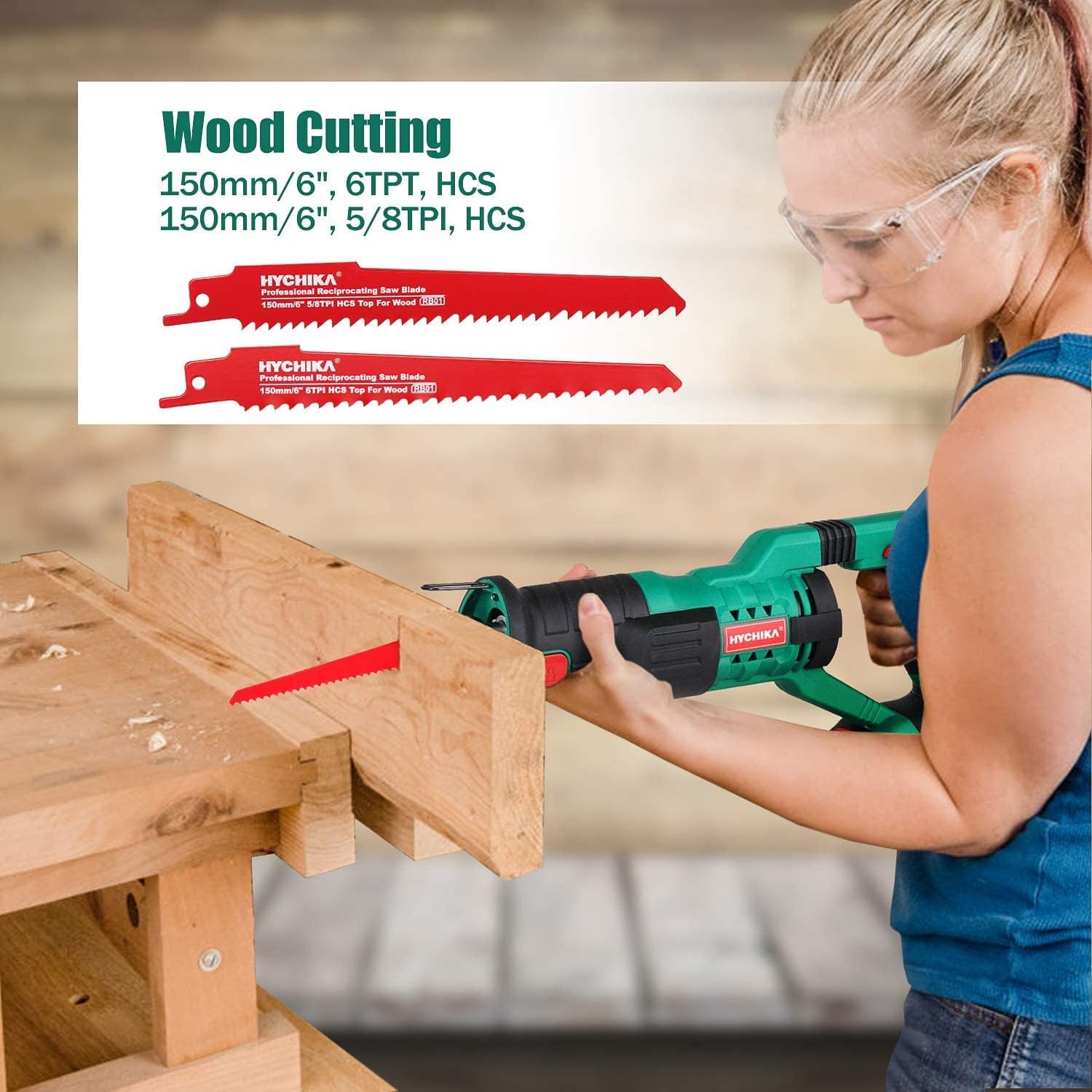 HYCHIKA Cordless Reciprocating Saw 20V 2Ah 2 Batteries 4 Saw Blades, 0-2800SPM Variable Speed, 7/8 Stroke Length Tool-Free Blade Change LED Light for Wood Metal Cutting Pruning