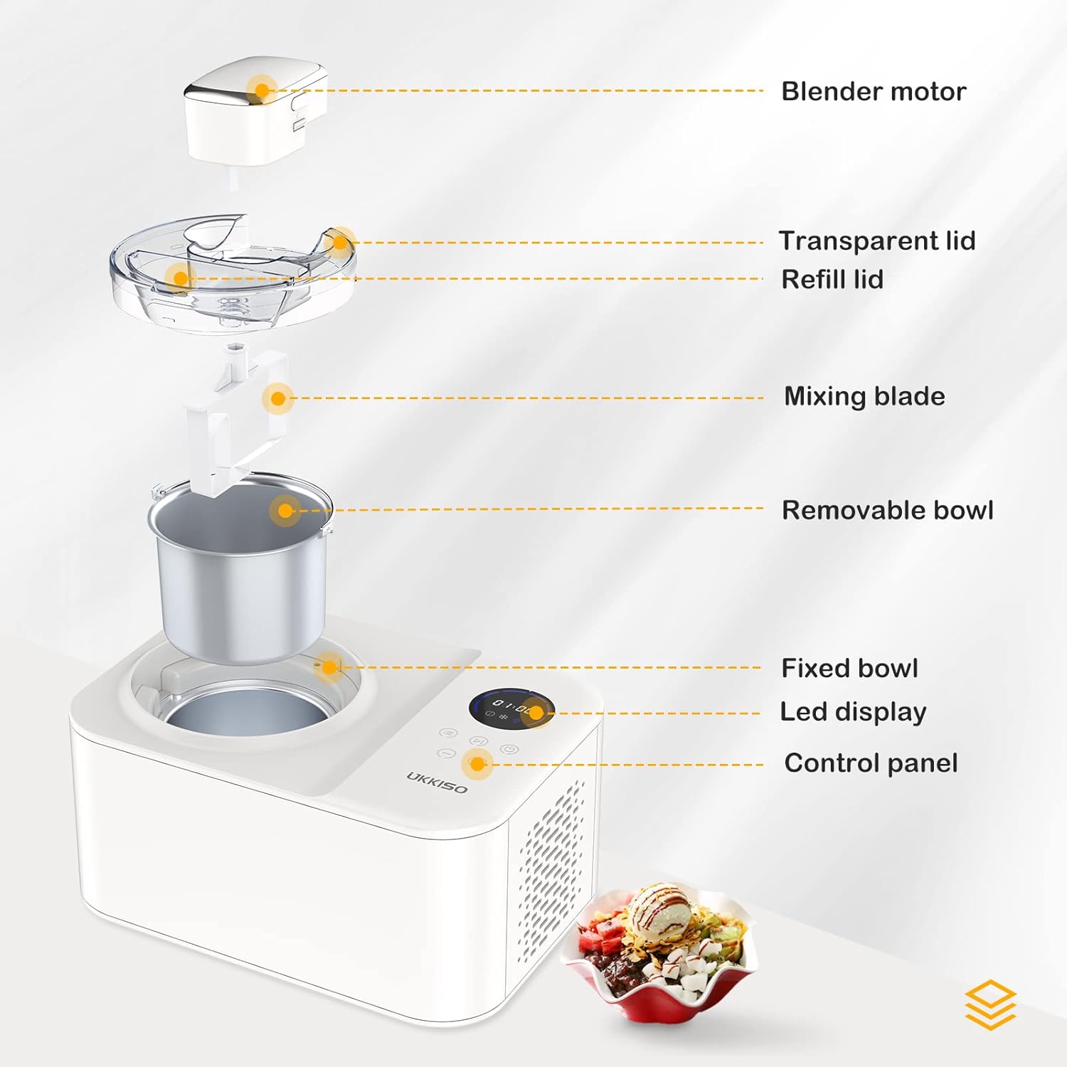 Ice Cream Maker, UKKISO 1.2 Quart Automatic Electronic Gelato Maker With LCD Display, Built-In Compressor, Portable Homemade Dessert Maker with Spoon, Ice Cream Machine for Home, Dorm (White)