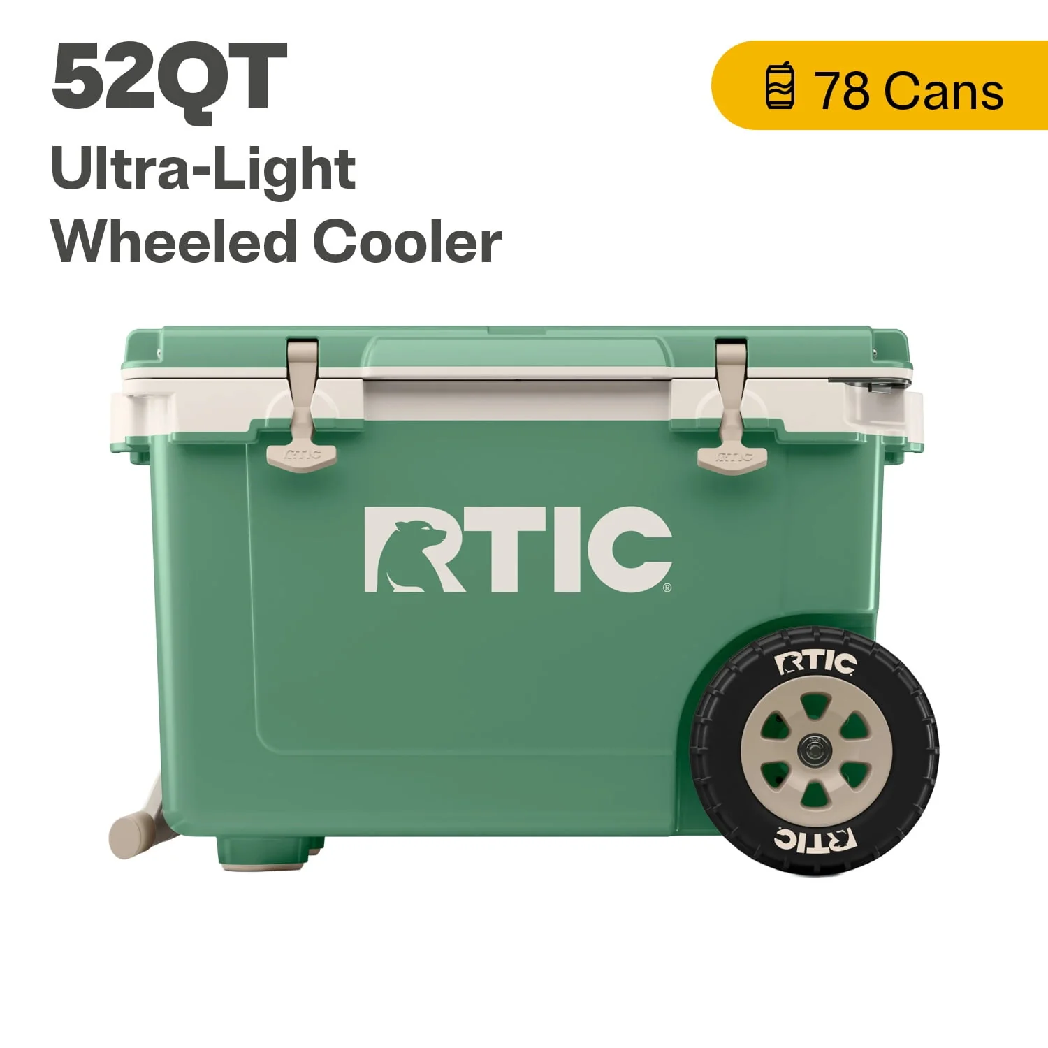 RTIC 52 QT Ultra-Light Wheeled Hard-Sided Ice Chest Cooler, White and Grey, Fits 78 Cans