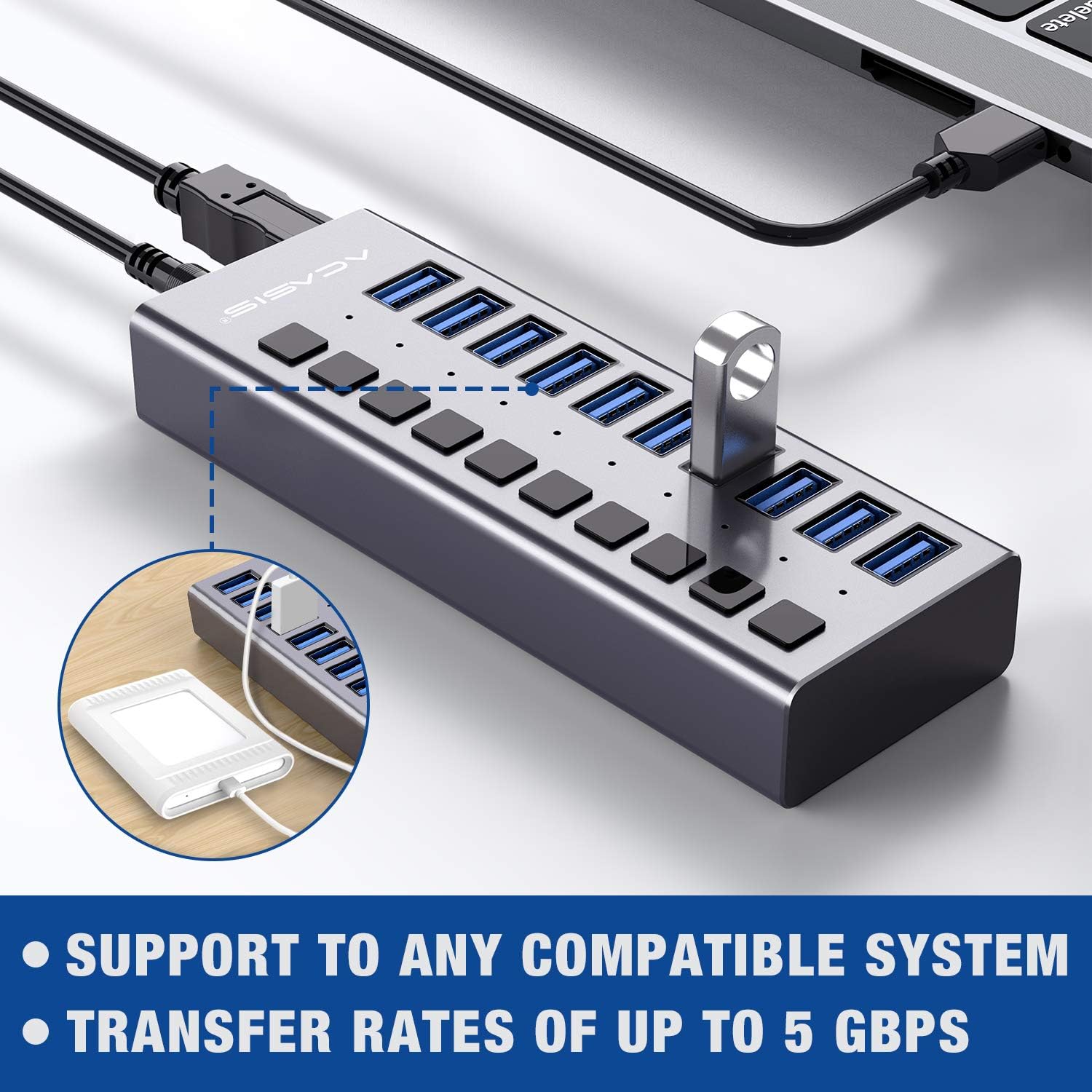 Powered USB Hub - ACASIS 10 Ports 48W USB 3.0 Data Hub - with Individual On/Off Switches and 12V/4A Power Adapter USB Hub 3.0 Splitter for Laptop, PC, Computer, Mobile HDD, Flash Drive and More
