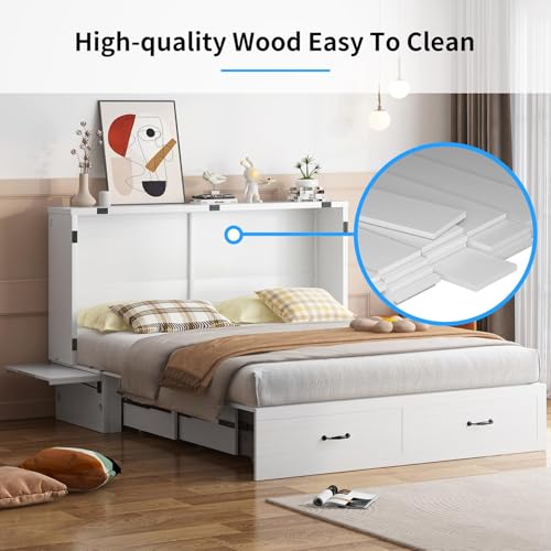PUREMIND Murphy Bed Cabinet with Mattress Included, Queen Cabinet Beds with Storage Drawers, Murphy Chest Bed with USB Charging Station, Murphys Space-Saving Wallbed for Bedroom, Guest Room