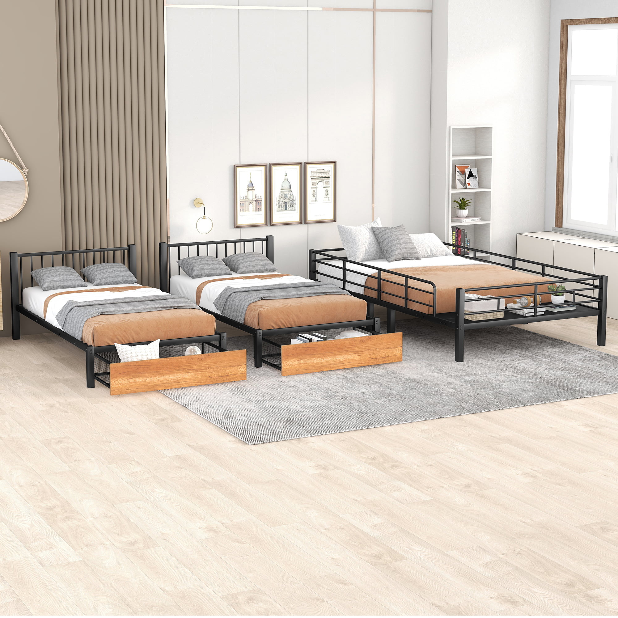 Metal Triple Bunk Beds, BTMWAY Triple Full Bunk Bed for Kids Teens Adults, Full Over Twin Over Twin Bunk Bed with Drawers and Guardrails, Can be Separated into 3 Beds with Headboard, Black