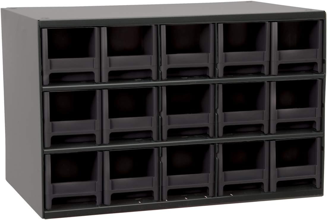 Akro-Mils 15-Drawer Steel Parts Craft Storage Cabinet Hardware Organizer, 19715, (17-Inch W x 11-Inch D x 11-Inch H), Gray Cabinet, Black Drawers