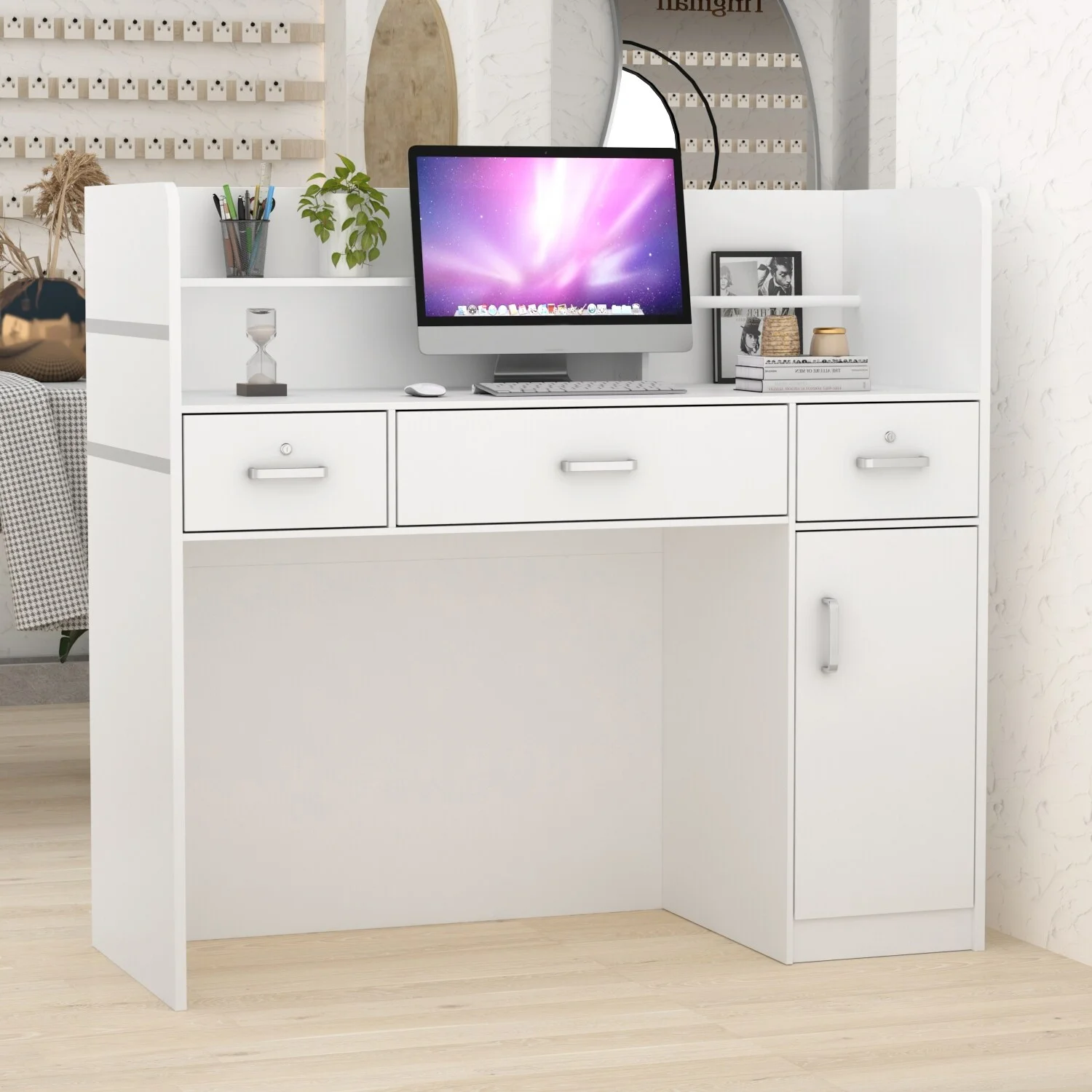 Kerrogee 47.2"L Reception Counter Desk with Lockable Drawers Table White