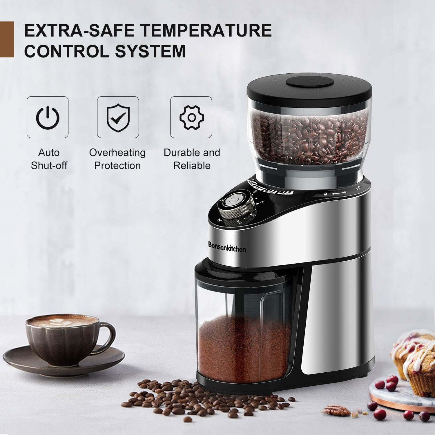 Electric Burr Coffee Grinder, Automatic Conical Burr Mill Coffee Bean Grinder with 12 Precise Grind Settings and Cup Selection, Large Capacity, Stainless Steel
