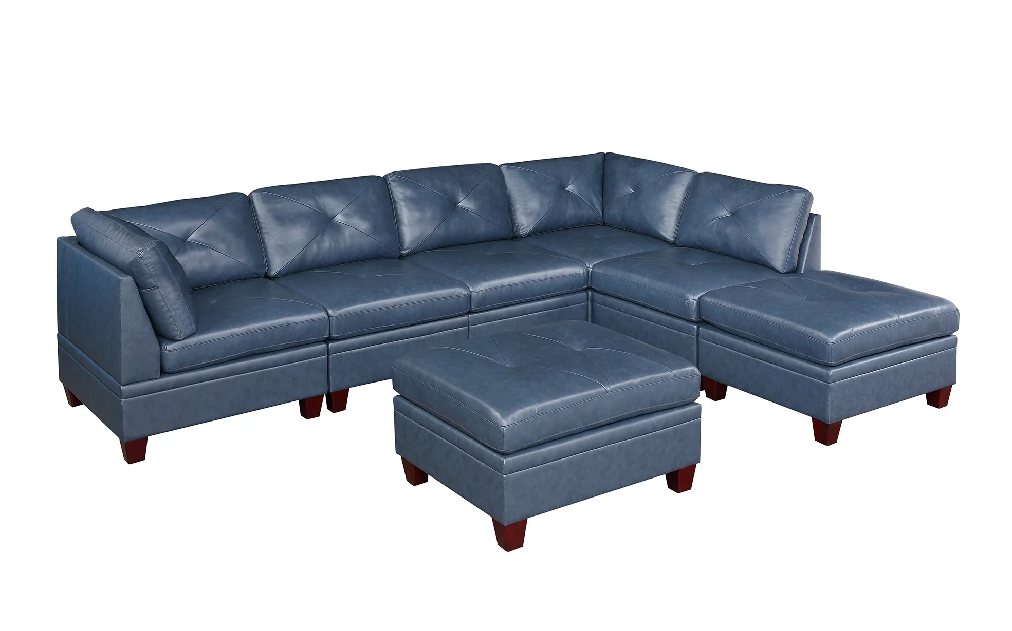 Ink Blue Top Grain Leather 7pc Tufted Sectional Sofa Contemporary Living Room Furniture Wedge Ottoman Armless Chair Couch
