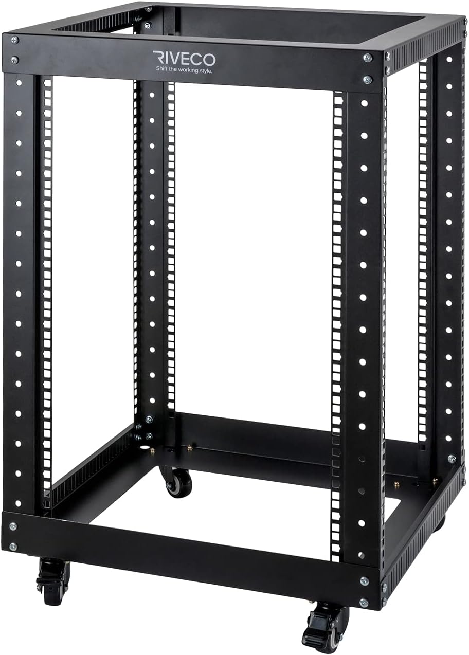 RIVECO 9U Open Frame Server Rack with Casters- Heavy Duty 4 Post Quick Assembly 19-inch, Stereo Rack Network Cabinet Black