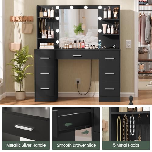 Quimoo Large Vanity Desk with LED Lighted Mirror & Power Outlet,Makeup Vanity Table with 7 Drawers,4 Shelves and 5 Hooks,Vanity Table, Vanity Desk Set for Bedroom,Bathroom,White