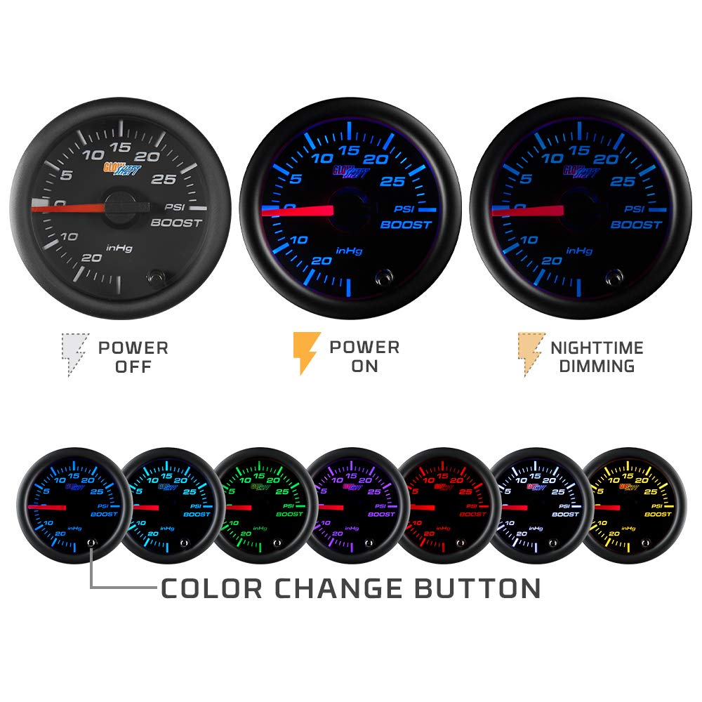 GlowShift Black 7 Color Analog Needle Wideband Air / Fuel Ratio AFR Gauge - Includes Oxygen Sensor, Data Logging Output & Weld-in Bung - Black Dial - Clear Lens - 2-1/16" 52mm