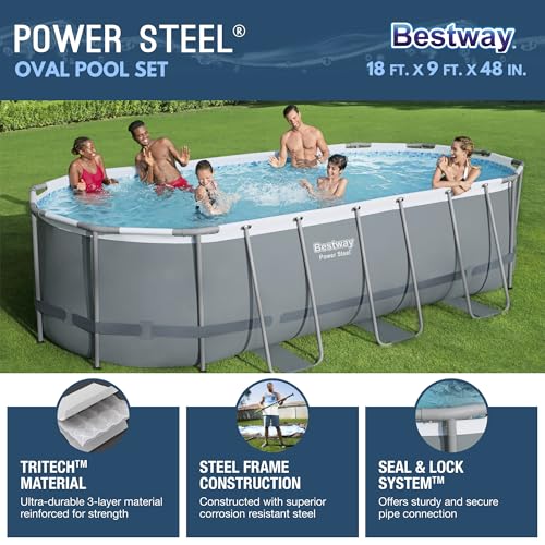 Bestway Power Steel 16' x 10' x 42" Rectangular Metal Frame Above Ground Swimming Pool Set with 1000 GPH Filter Pump, Ladder, and Pool Cover