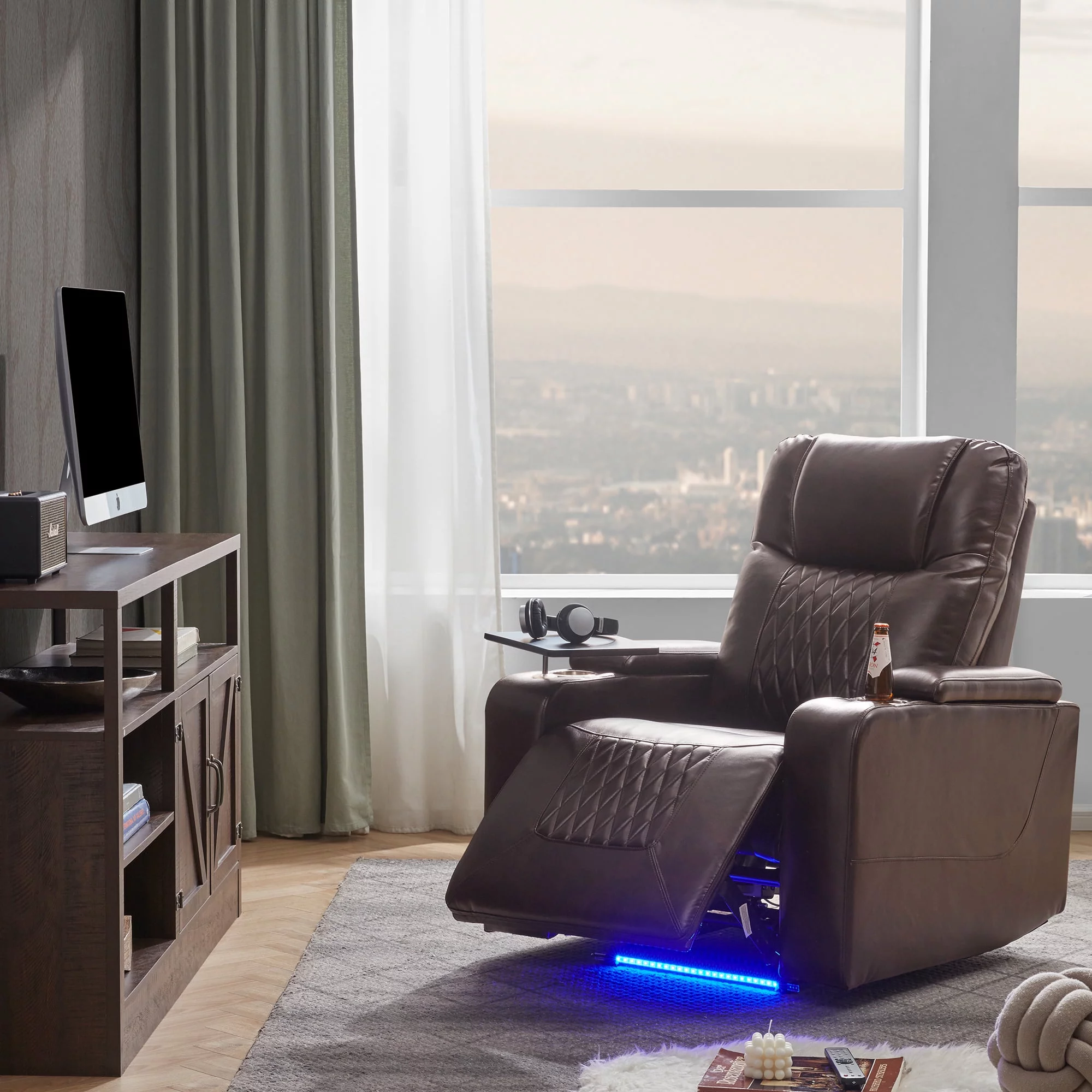 Power Motion Recliner with Cup Holders Ambient Lighting, USB Charge Port, 360 Swivel Tray Table, Hand in-Arm Storage, Gaming Recliner Chair