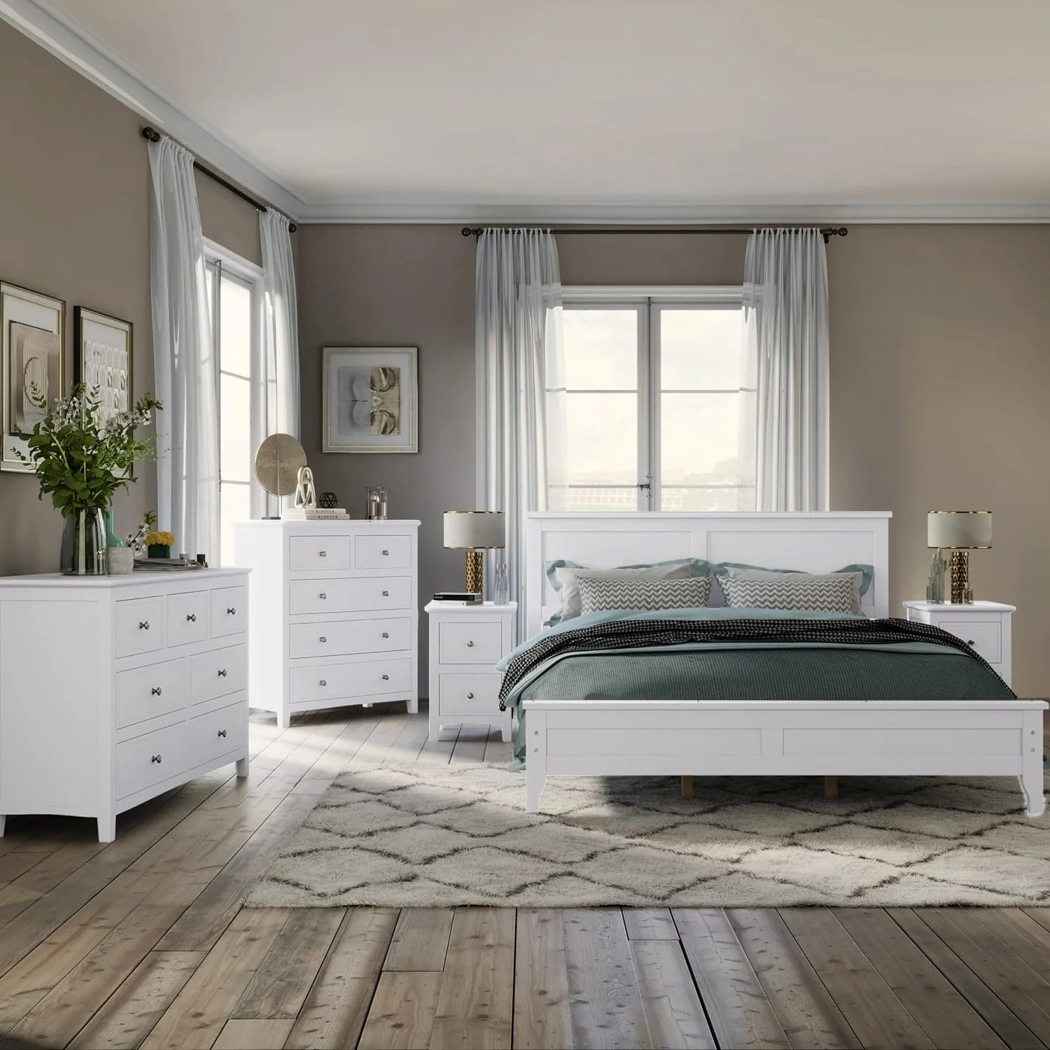 Bedroom Sets, 5 Pieces Bedroom Sets With Queen Size Bed, 2 Nightstand End Table, Dresser And Chest, Wood Bedroom Furniture Set (White_Queen, 5 Piece)