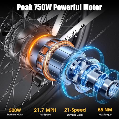 Electric Bike for Adults, Peak 1000W Ebike, 50Miles 21.7MPH Adult Electric Bicycles, 26" Electric Mountain Bike 48V 374.4WH Battery, Commuter E Bike with Adjustable Stem, Fenders, 21 Speed