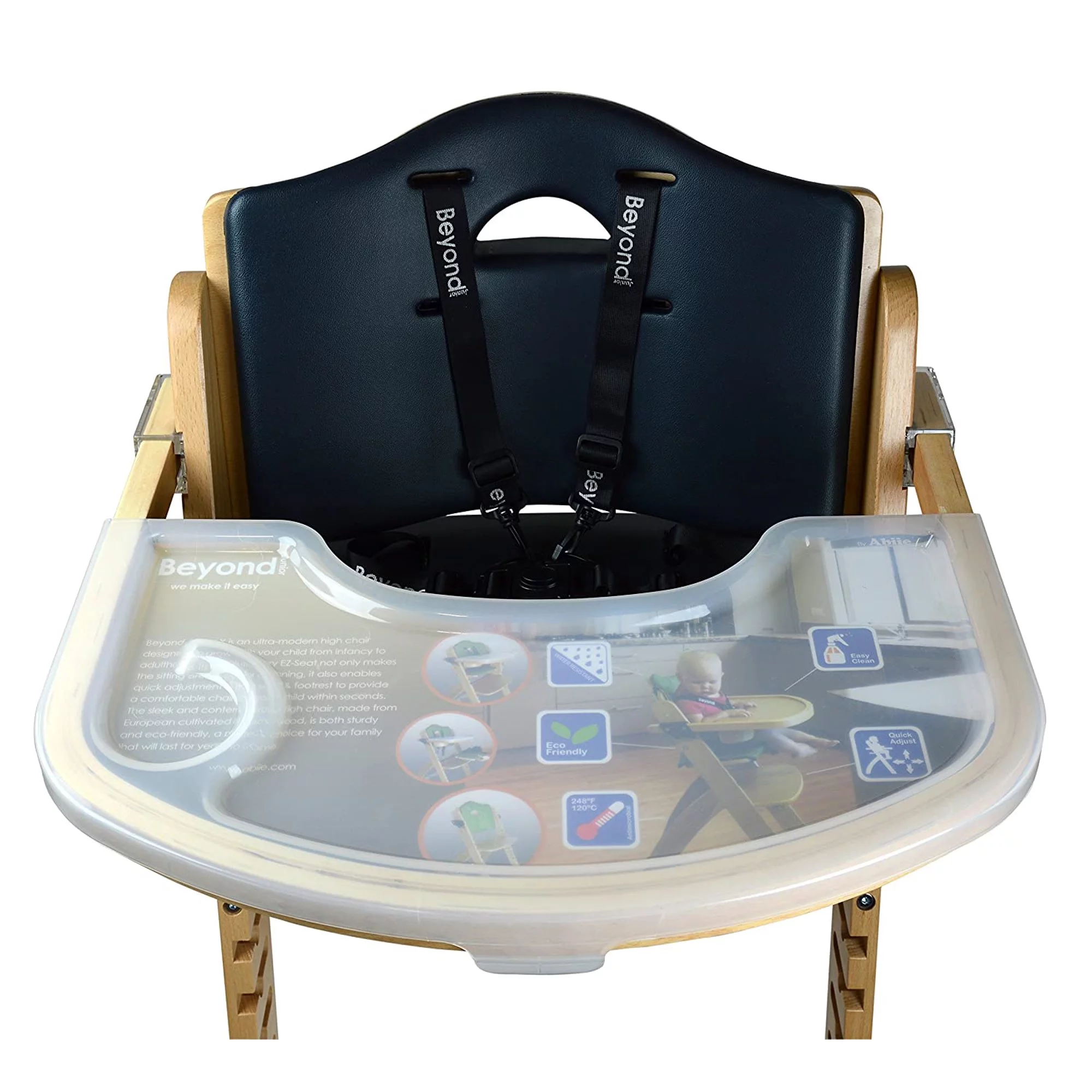 Abiie Beyond Wooden High Chair with Tray. The Perfect Adjustable Baby Highchair Solution for Your Babies and Toddlers or as a Dining Chair. (6 Months up to 250 Lb) (Natural Wood - Black Cushion)