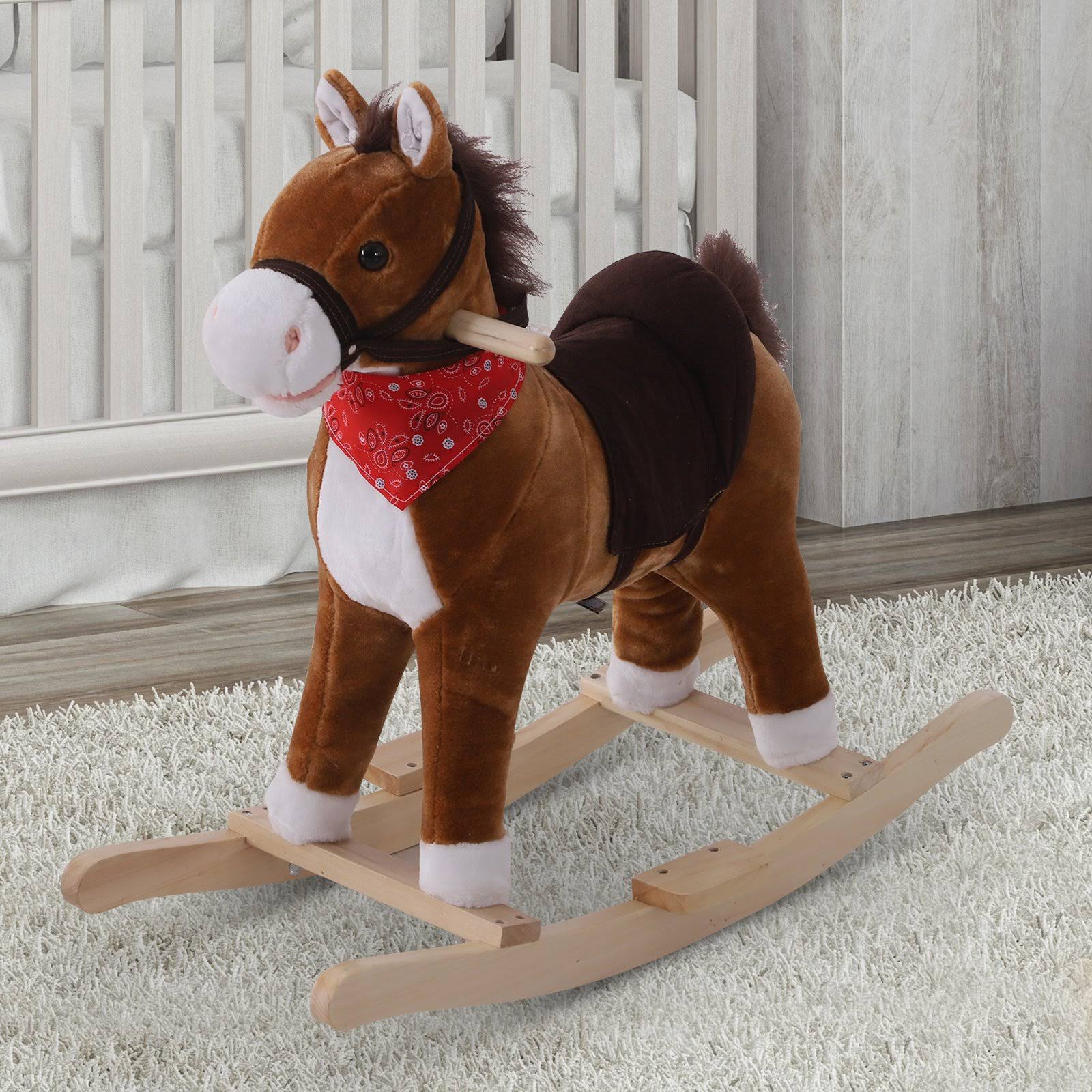 Qaba Kids Plush Toy Rocking Horse Ride on with Realistic Sounds u0026 Tail with Red Scarf