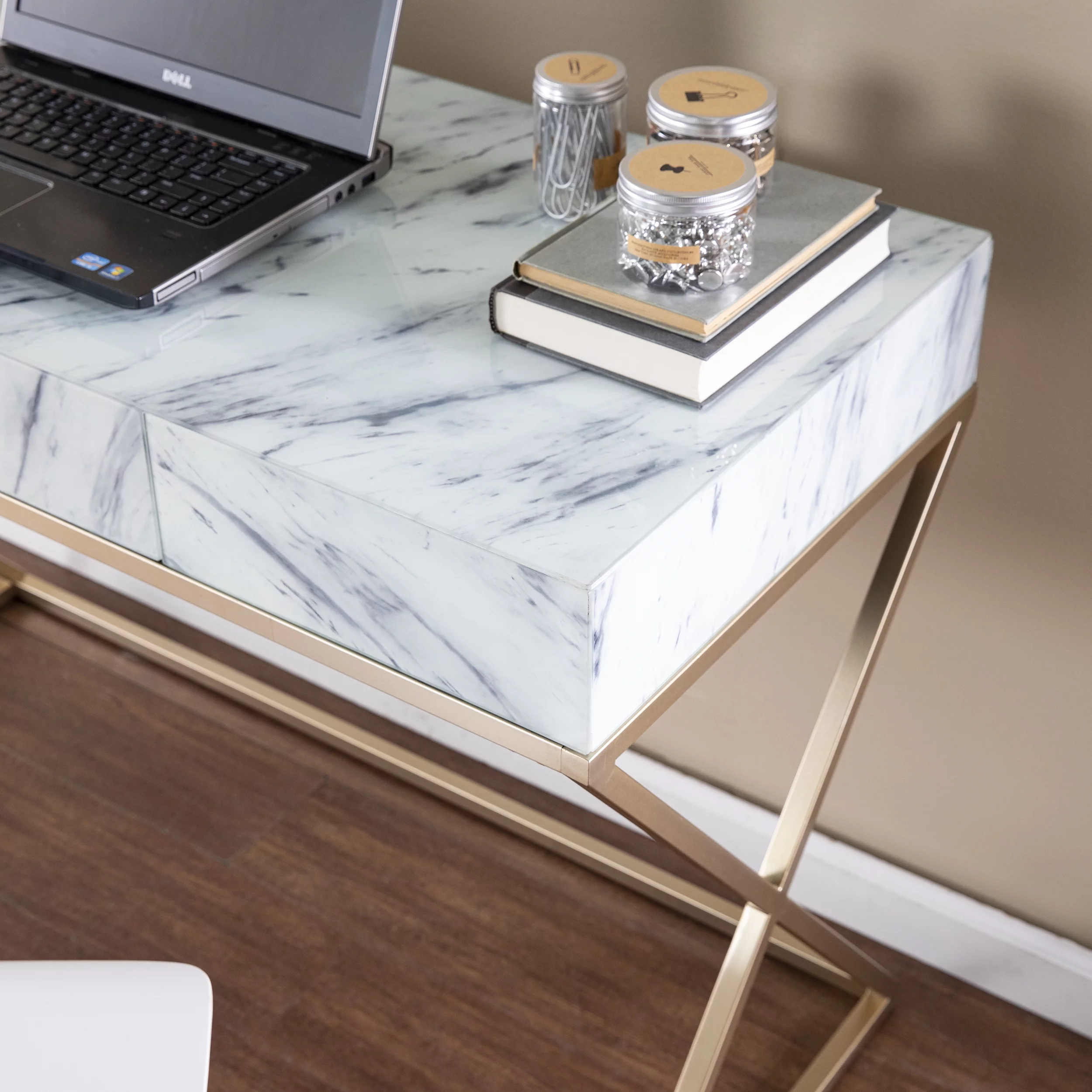 SEI Kamula Glam style Faux Marble Writing Desk with Storage in Gold finish with Gray and White faux marble