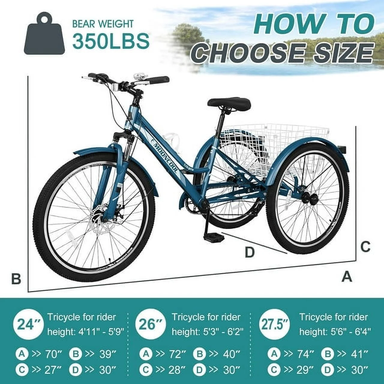 Lilypelle Adult Mountain Tricycle 24/26/27.5 Inch Low step through Mountain Bike Cruiser Trikes for Adults 7 Speed Three Wheel Trike Bike Bicycle with Large Basket