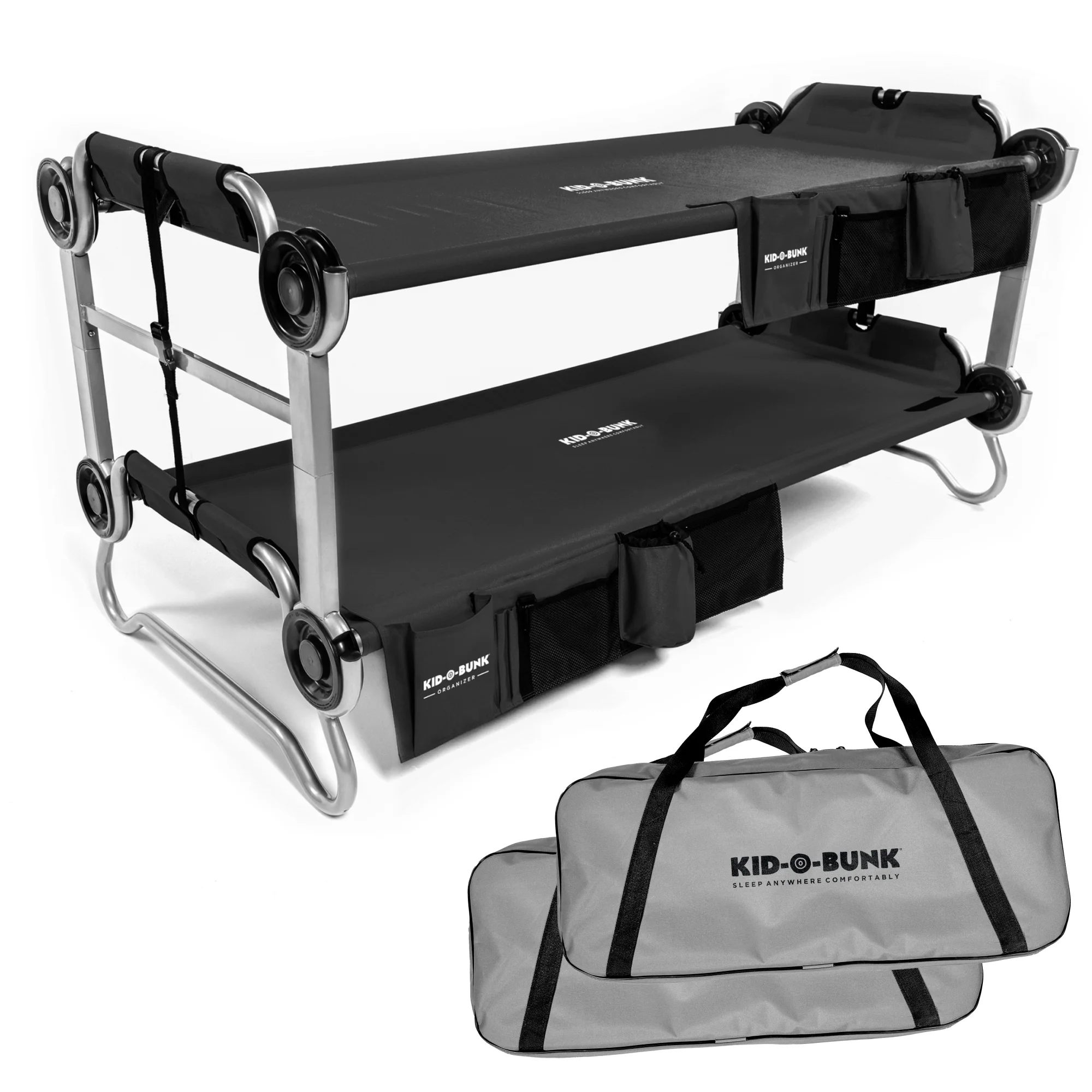 Disc-O-Bed Kid-O-Bunk Portable Benchable Double Cot with Organizers, Black