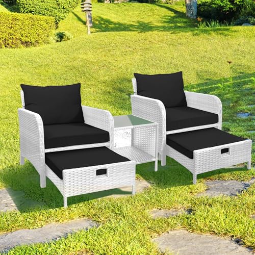 LEVELEVE Balcony Furniture 5 Piece Patio Conversation Set, PE Wicker Rattan Outdoor Lounge Chairs with Soft Cushions 2 Ottoman&Glass Table for Porch, Lawn-Brown Wicker