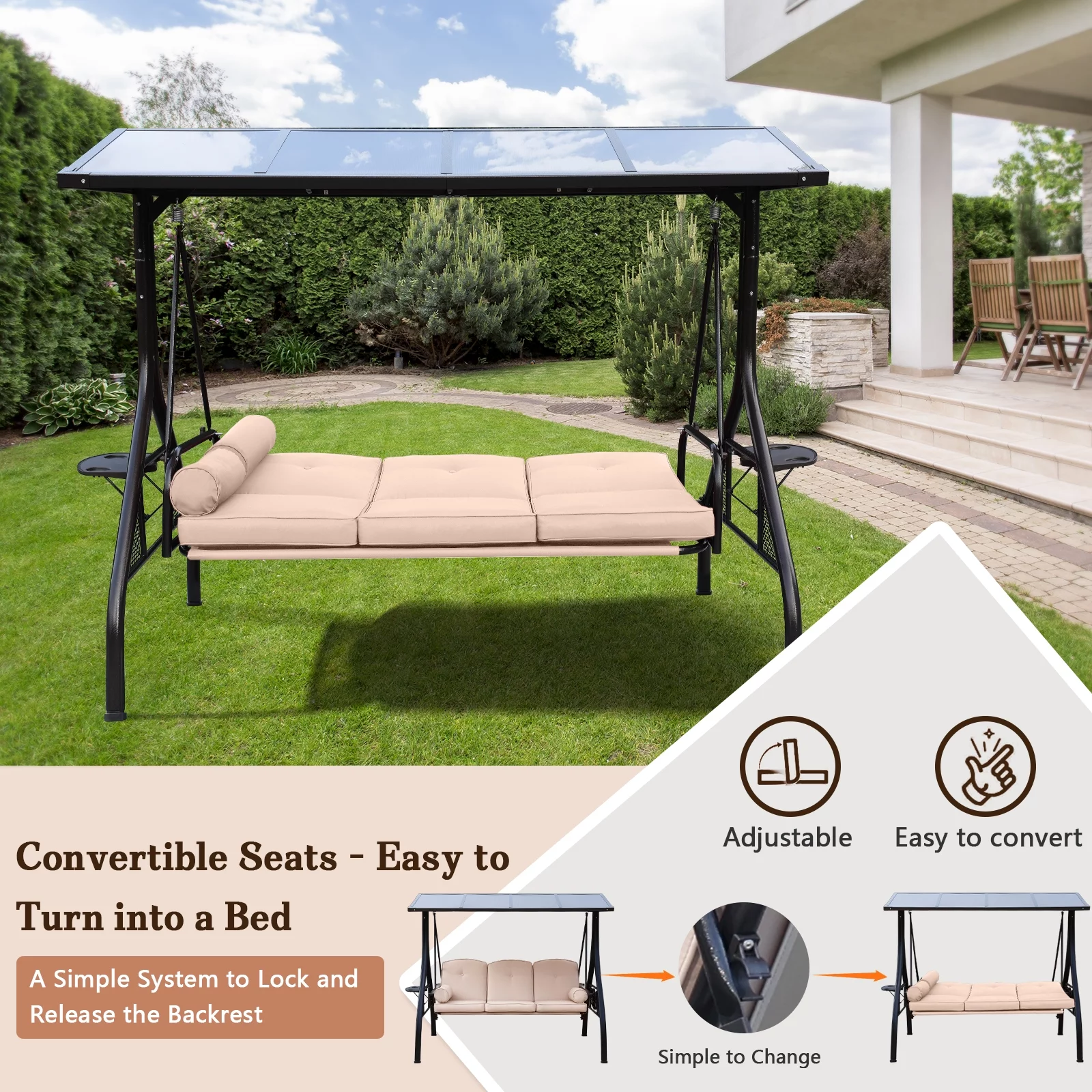 NOBLEMOOD Hardtop Outdoor Porch Swing, 3 Seat Patio Swing with Convertible Backrest, Cup Holders, Cushions & Pillows