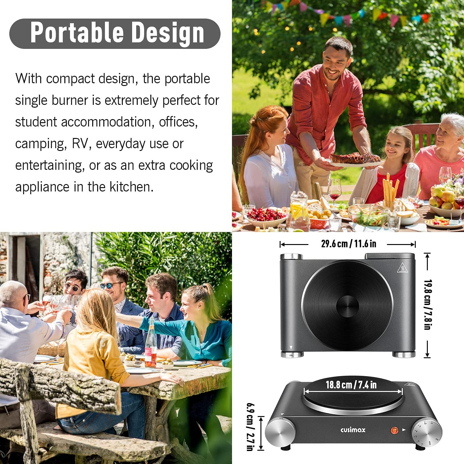 Cusimax Hot Plate Electric Burner Single Burner Cast Iron hot plates for cooking Portable Burner 1500W with Adjustable Temperature Control Stainless Steel Non-Slip Rubber Feet, Upgraded Version