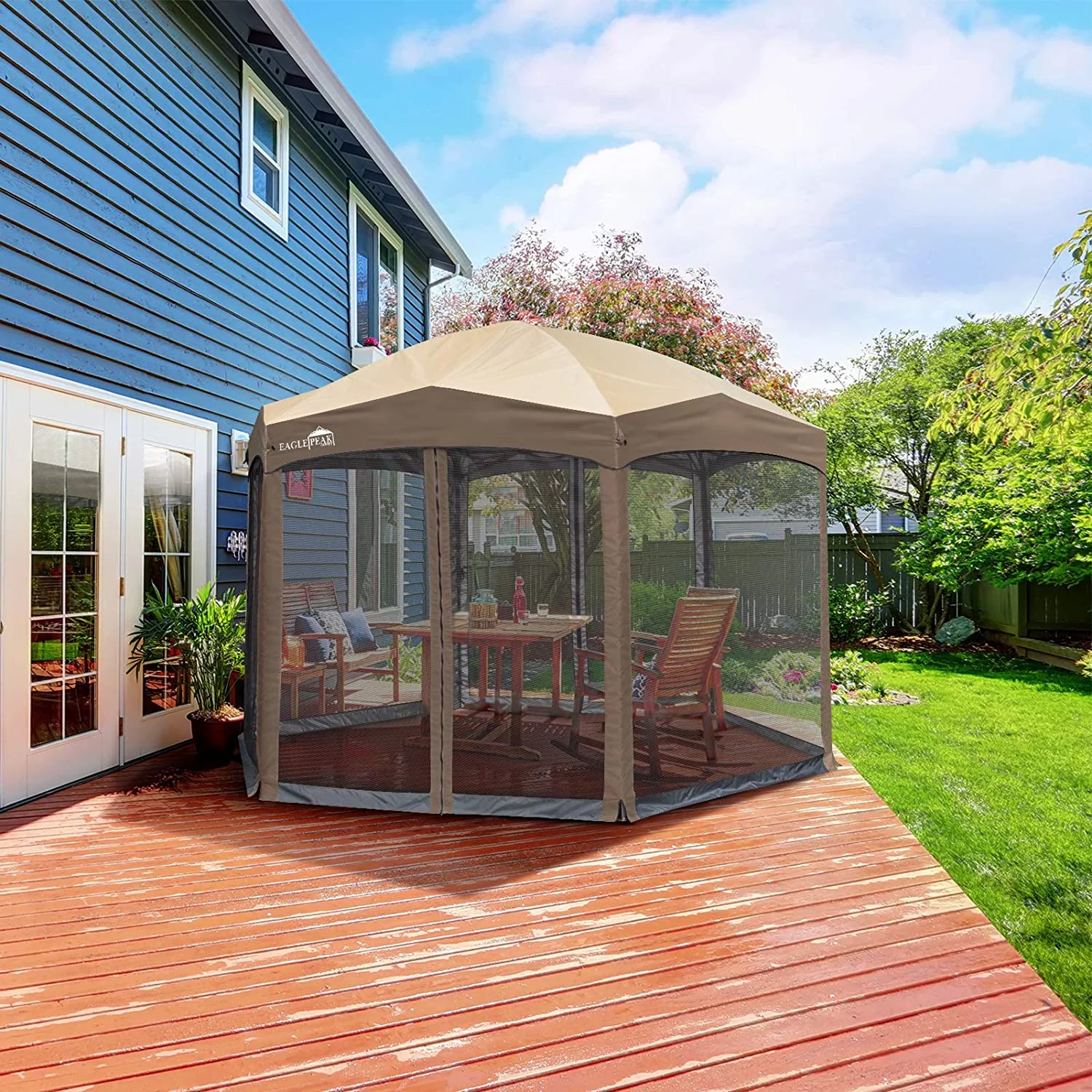 EAGLE PEAK Pop-Up Camping 6 Sided (6x6x6) Gazebo w/ Mosquito Netting Easy Center Push Canopy Shelter Instant Setup Outdoor Screen Tent (Brown)