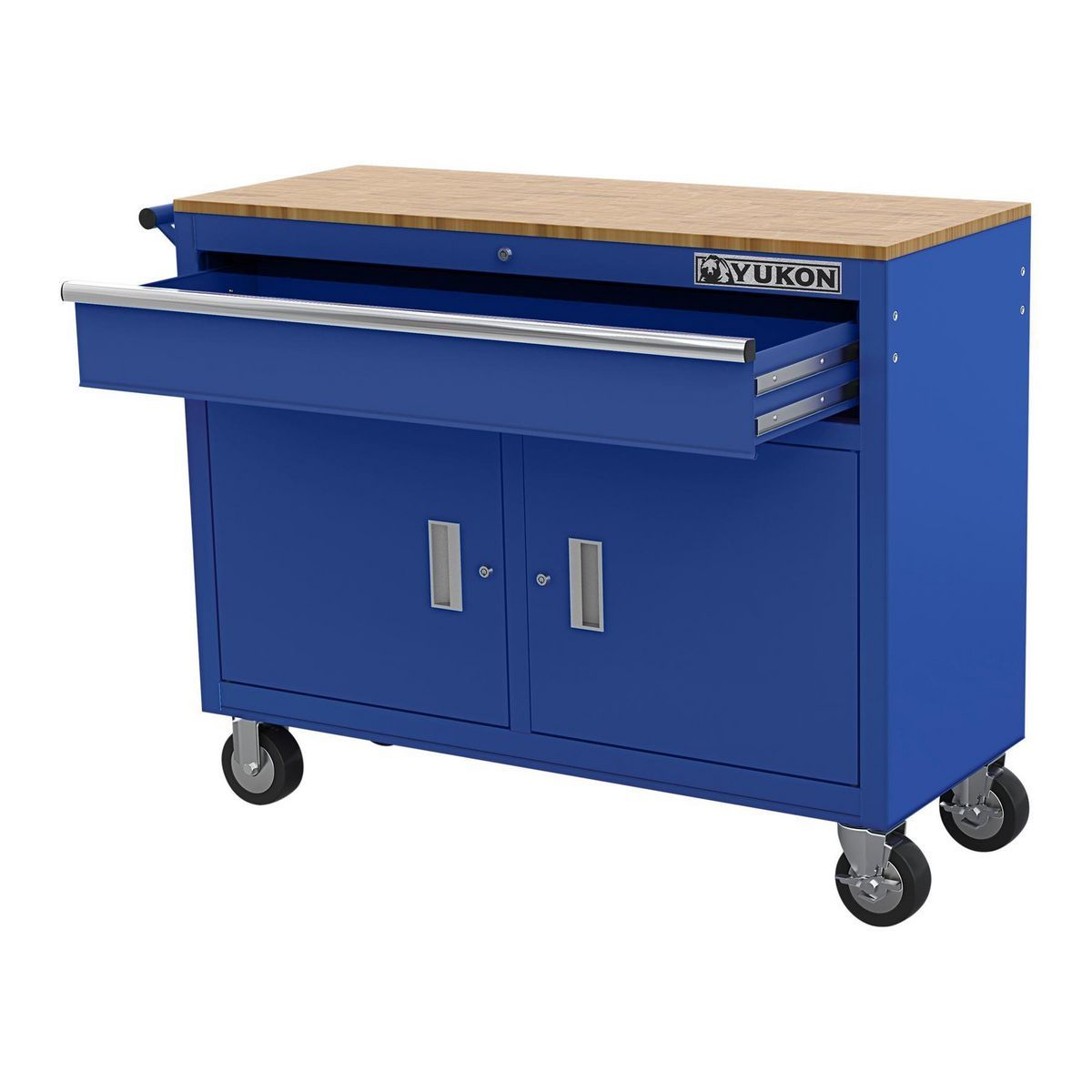 YUKON 46 in. Mobile Workbench with Solid Wood Top, Red
