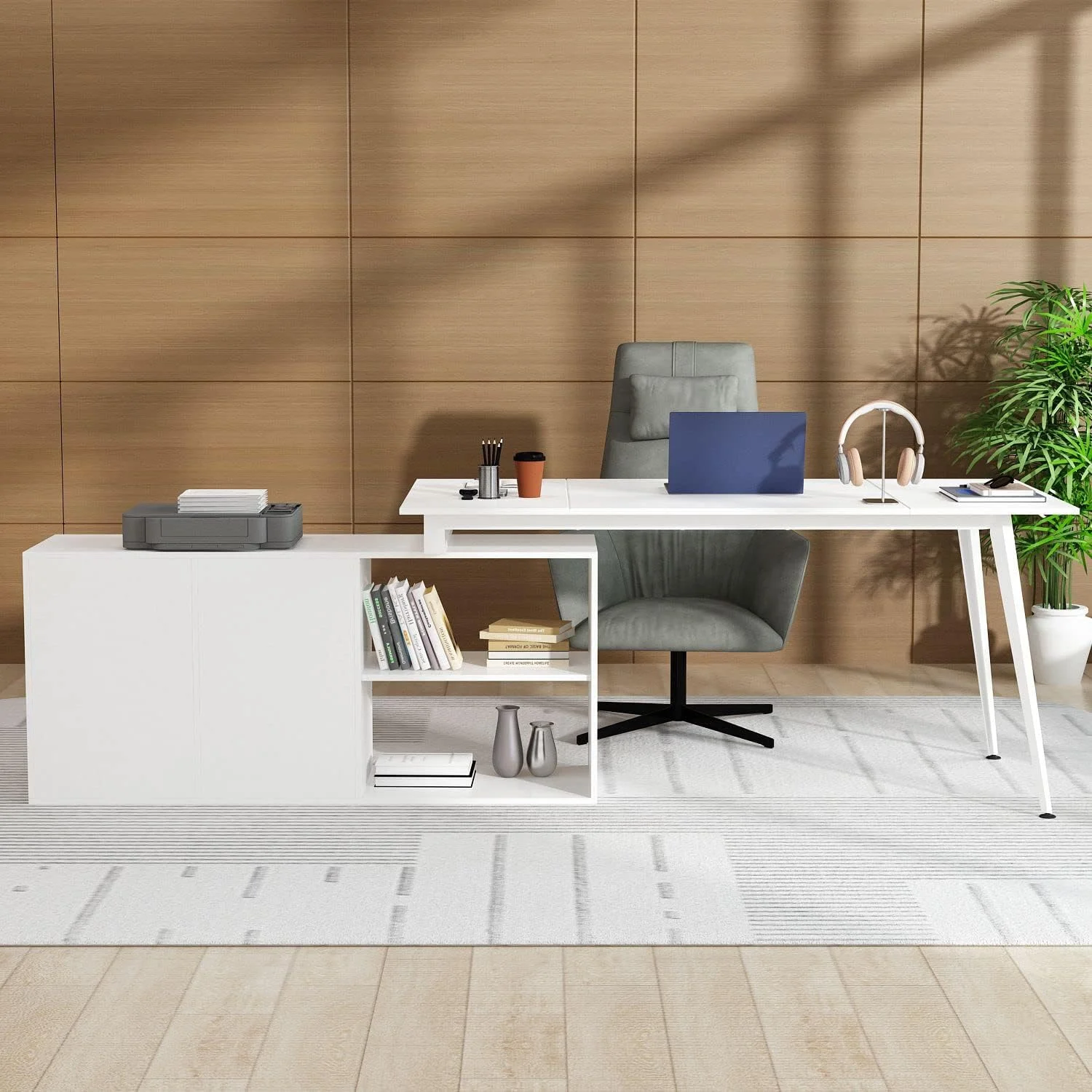 67.9” L-Shaped Desk Office Desk with Storage, Desk with 3 Drawers and Shelves, Corner Desk with Metal Legs, for Home Office White (67.9”W x 55.1”D x 28.7”H)