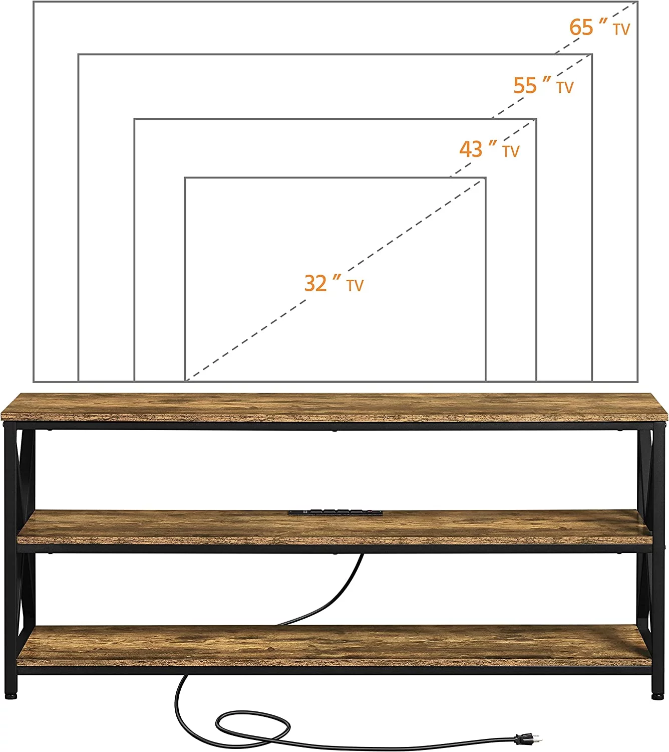 TV Stand for TV up to 65 inch, Industrial TV Cabinet with Power Outlets for Living Room, Media Entertainment Center TV Console with 3 Tier Storage Shelves & Charging Station, Rustic Brown