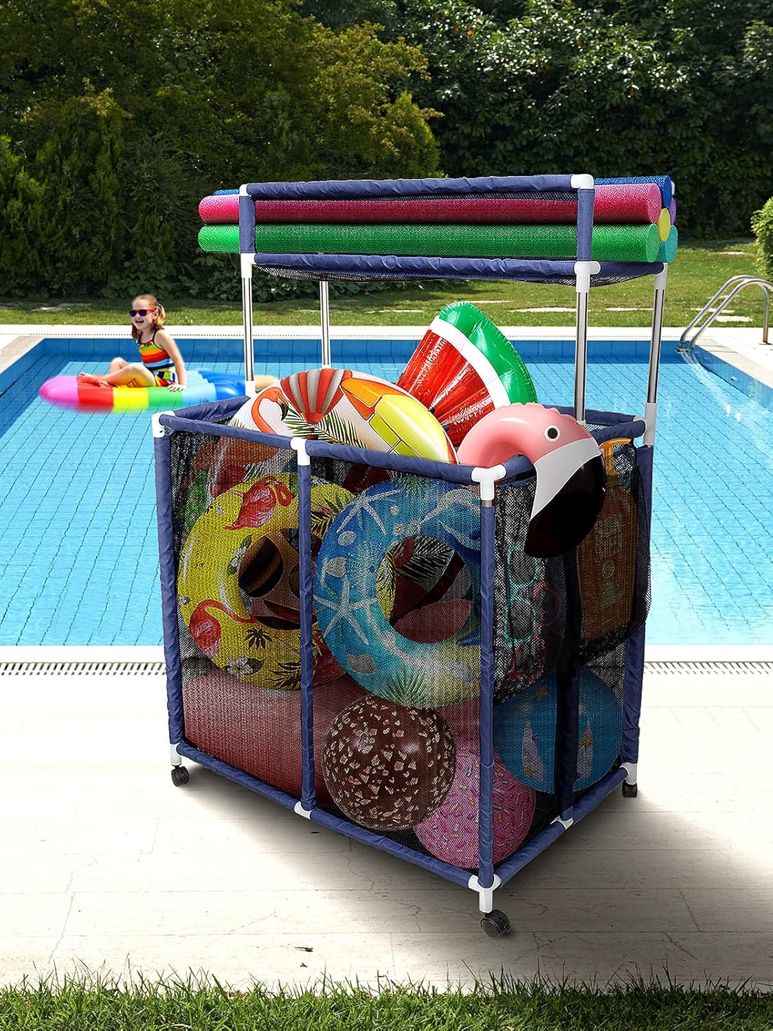 Double Tier Rolling Pool Toy Storage Cart Bin - 37"L x 25"W x 56"H Pool Storage Organizer Bin Cart with Top Shelf & Side Pockets, Pool Nylon Mesh Basket Organizer for Floats Noodles Goggle Accessories