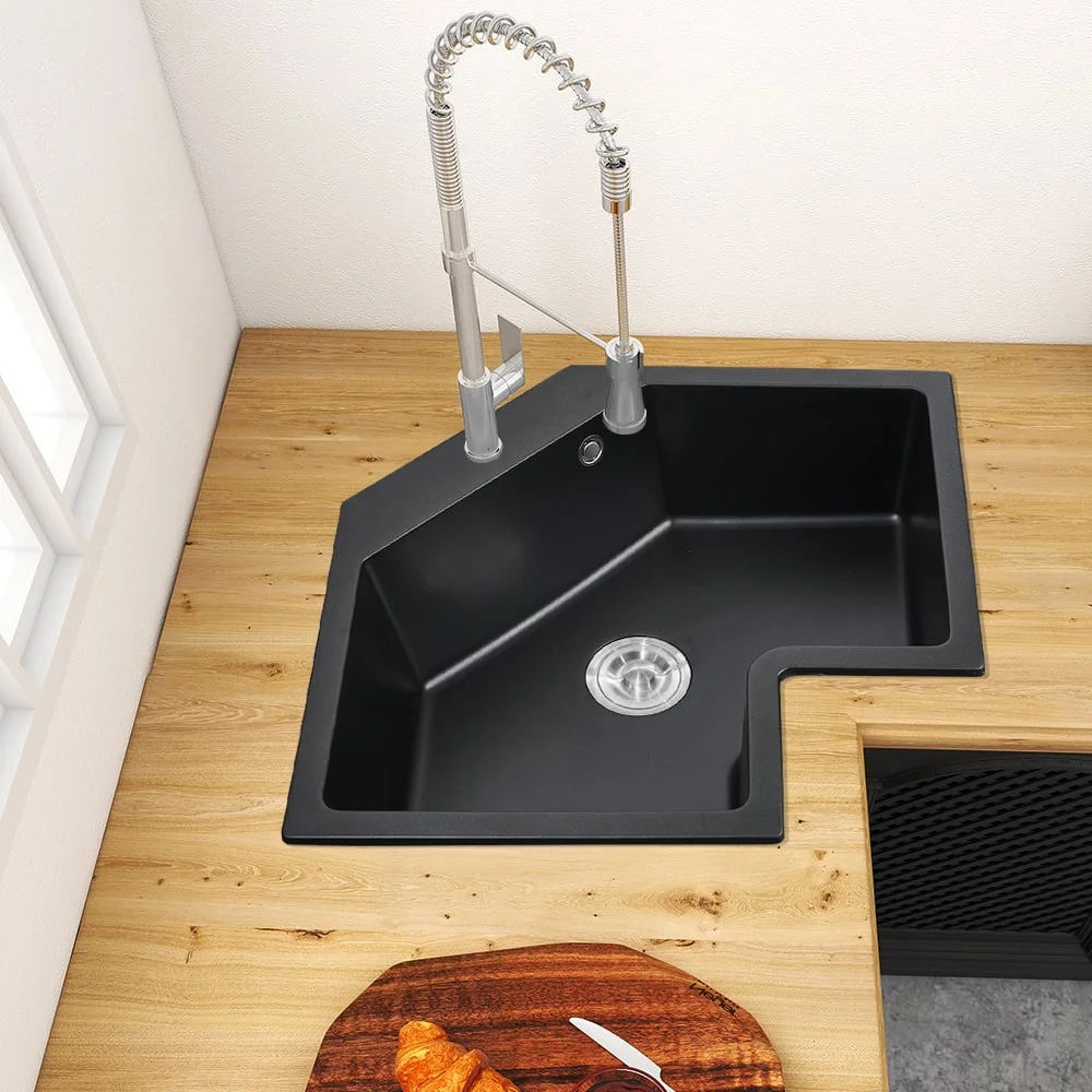 Homary 25" Black Drop In Corner Kitchen Sink Modern Single Bowl Quartz Irregular Sink