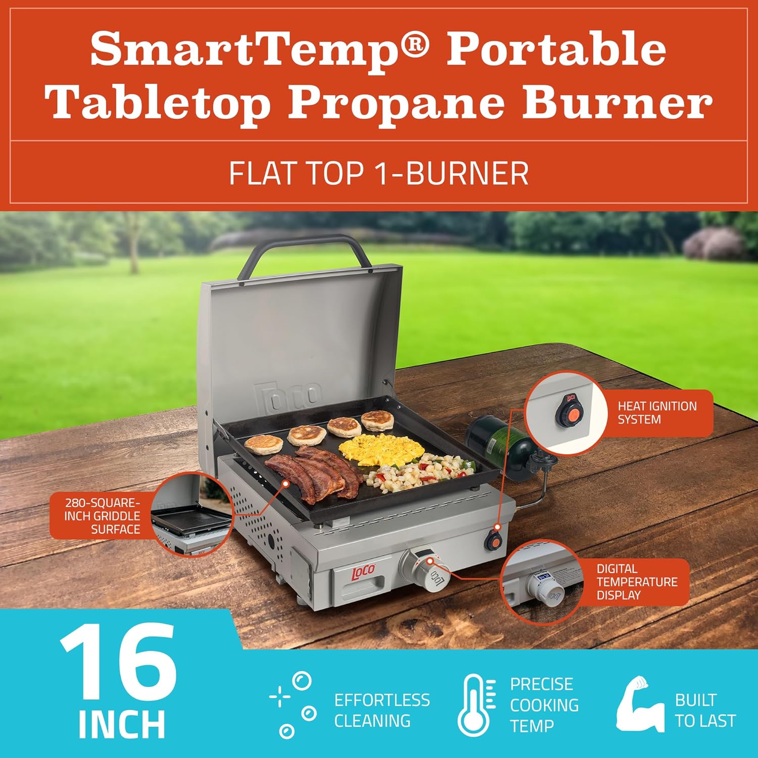 Loco Cookers 1 Burner Portable Tabletop Digital Propane SmartTemp 16 Inch Flat Top Grill, Operates on 1 Pound Propane Cylinder or 20 Pound Tank