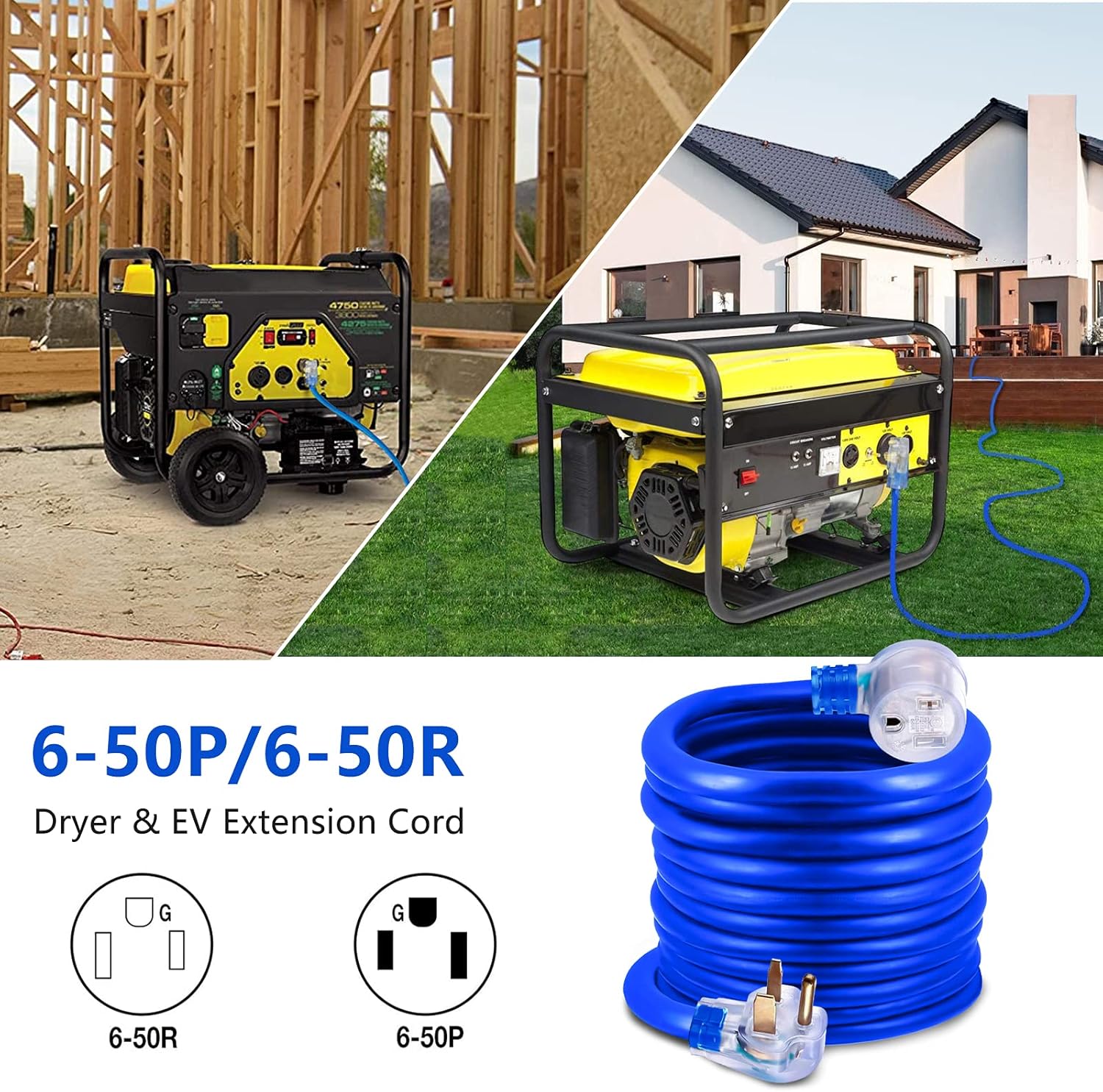 HZXVOGEN Power Extension Cord Welder Extension Adapter 50A 25FT 6-50R Female 6-50P Male Prong Heavy Duty Electric Extension Wire Generator Arc Stick MMA MIG TIG Welding Machine Cable-25FT