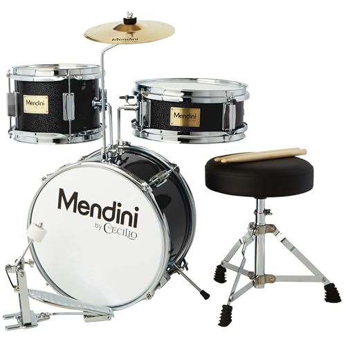 Mendini By Cecilio Kids Drum Set, 3 Piece Junior Drum Set for Beginners with Bass Tom Snare Drum, 16 inch Drum Kit with Snare, Cymbal, Drumsticks, Adjustable Seat (Metallic Red)