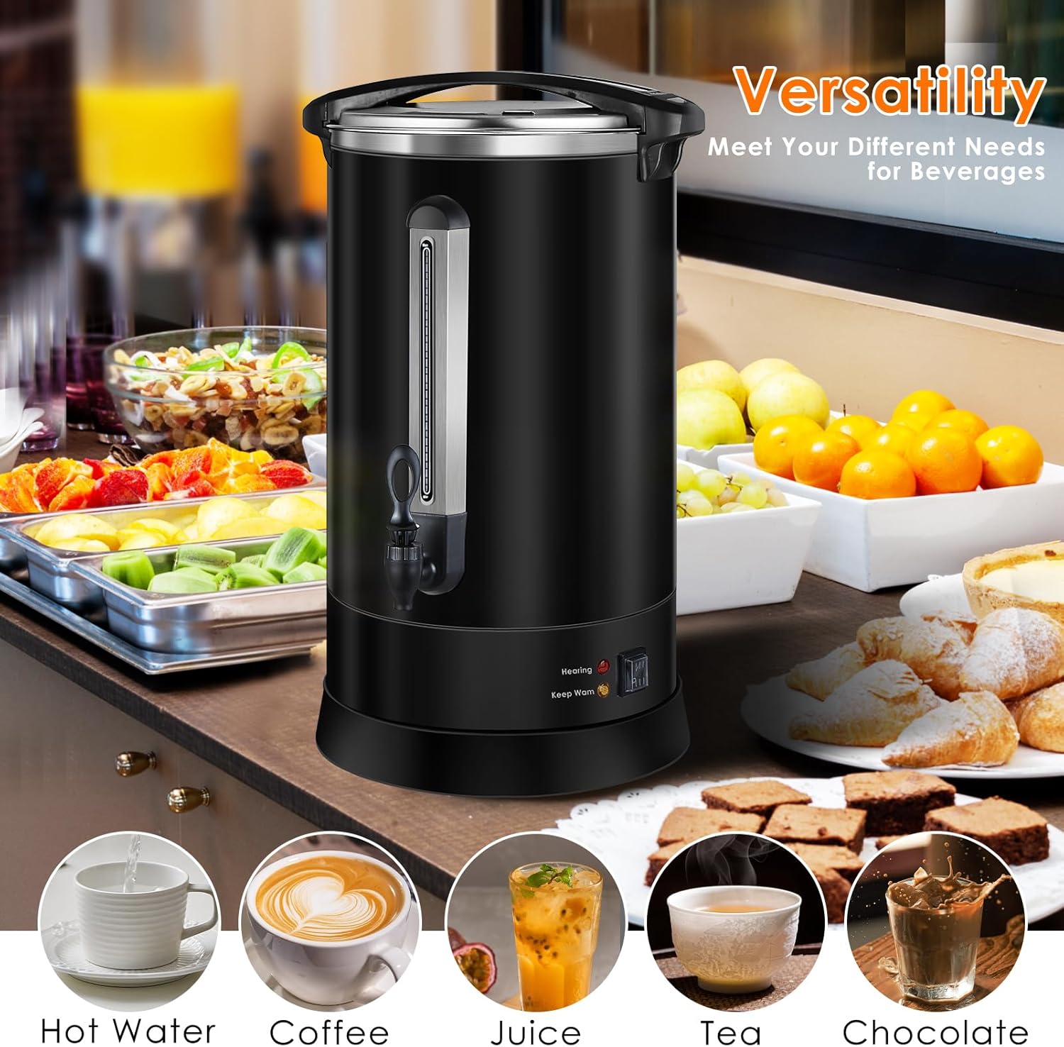 Coffee Urn 100Cups Large Coffee Dispenser 14.2L Full Stainless Steel Commercial Coffee Maker Double Wall Quick Brew Electric Beverage Dispenser Hot Water Urn-Black