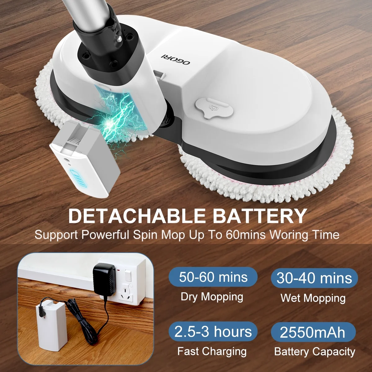 OGORI Cordless Electric Spin Mops Built-in 300ml Water Tank,Reusable Microfiber Cleaning, LED Headlight and Sprayer for Hardwood, Tile & Laminate Floors