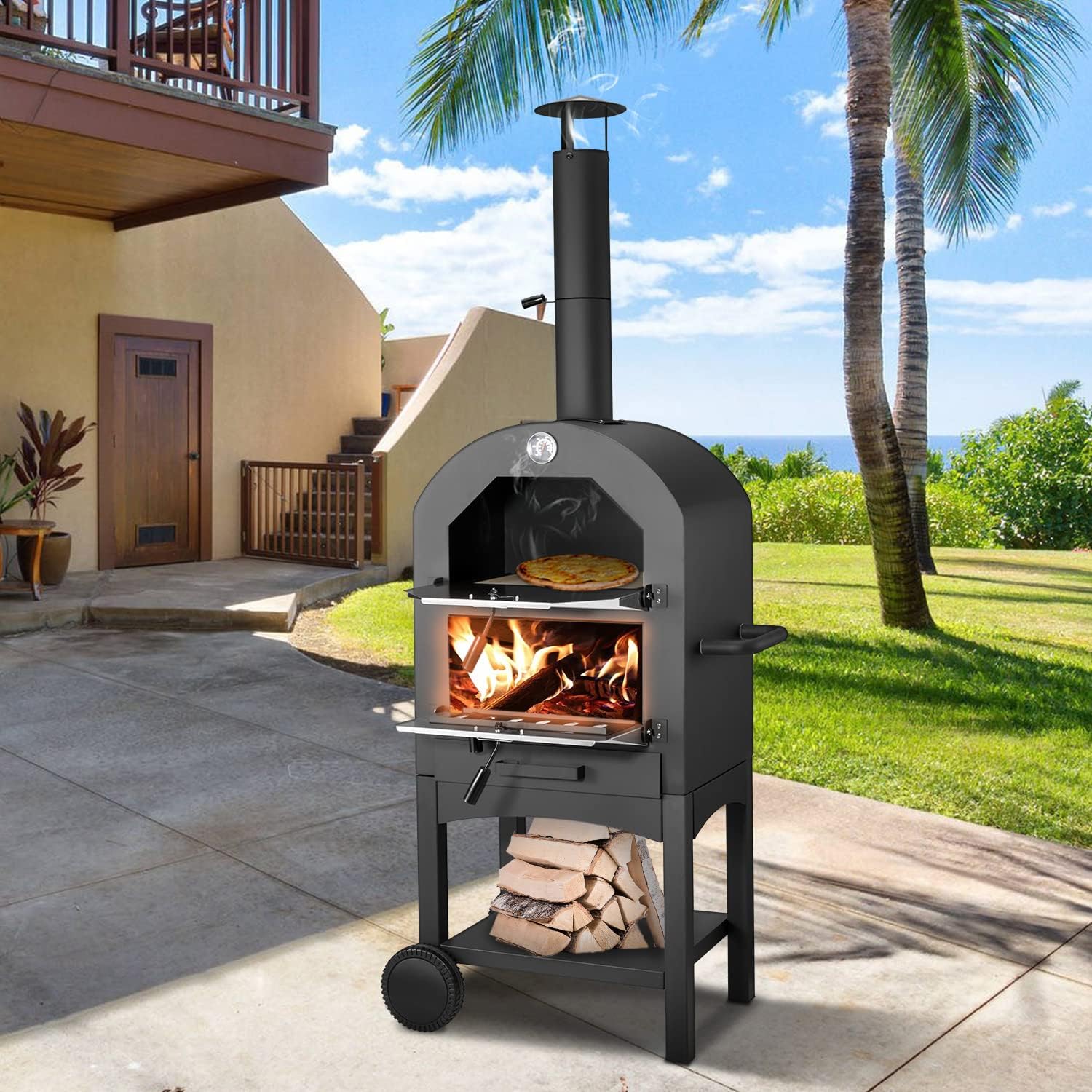 U-MAX Outdoor Pizza Oven Wood Fire with Waterproof Cover, Freestanding, Steel Pizza Grill, Pizza Maker Camping Cooker with Pizza Stone