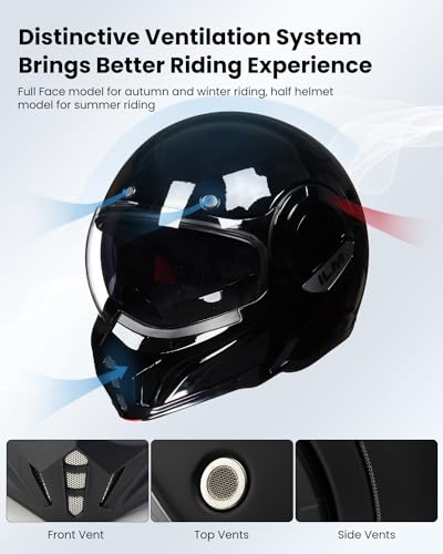 ILM Vintage Full Face Modular Motorcycle Helmet for Adults Men ATV UTV Snowmobile with 180° Reversible Chin Guard DOT Model-B707(Matte Black, L)