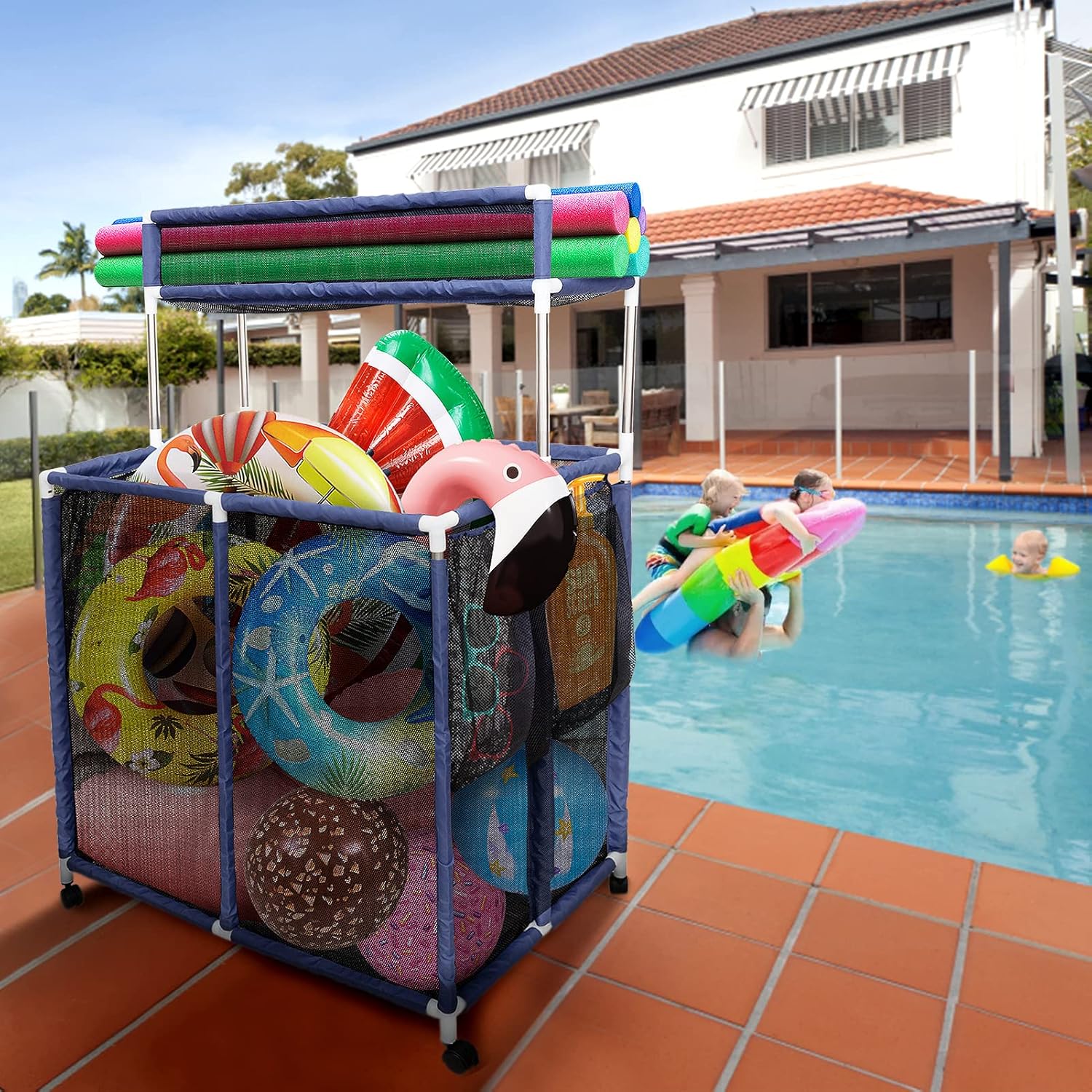 Double Tier Rolling Pool Toy Storage Cart Bin - 37"L x 25"W x 56"H Pool Storage Organizer Bin Cart with Top Shelf & Side Pockets, Pool Nylon Mesh Basket Organizer for Floats Noodles Goggle Accessories