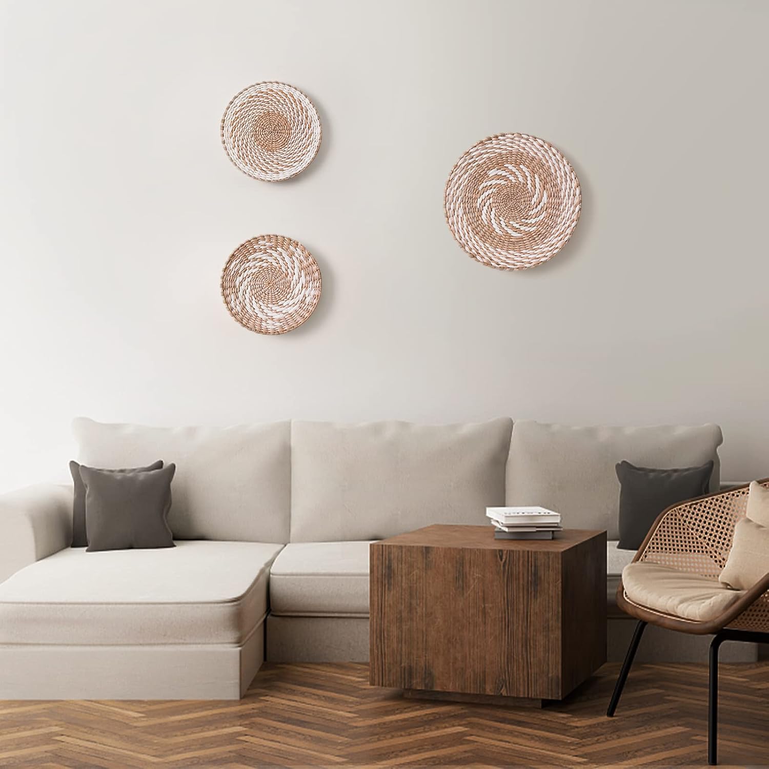 Boho wall Baskets decor Set of 3, 100%Natural Handmade,rattan wicker seagrass woven basket wall decor,Living Room or Bedroom woven wall african basket