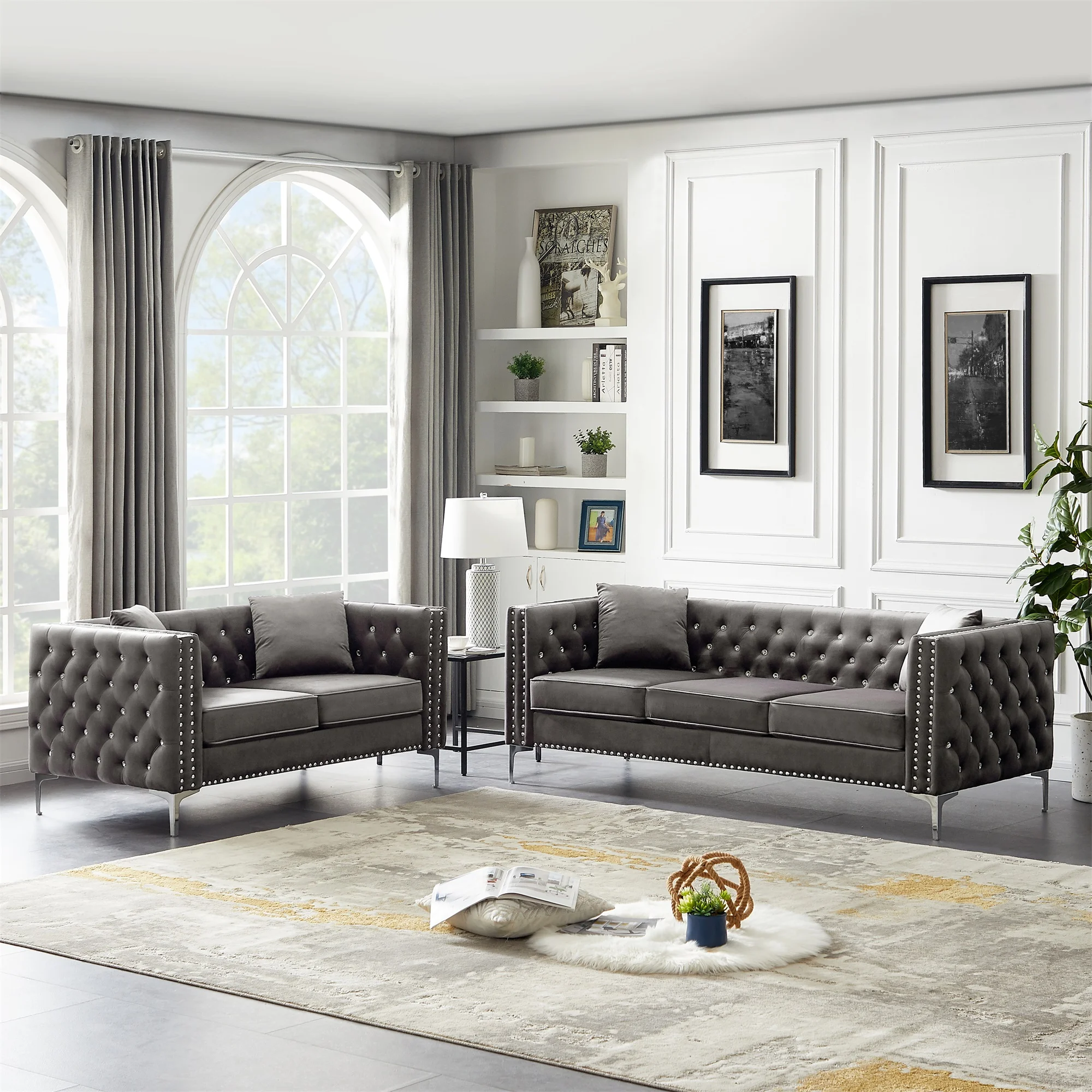 Ufurpie 2 Piece Modern Velvet Upholstered Living Room Sofa Set with 3-Seater Sofa and Loveseat,Jeweled Button Tufted Copper Nails Square Arms,4 Pillows Included, Grey
