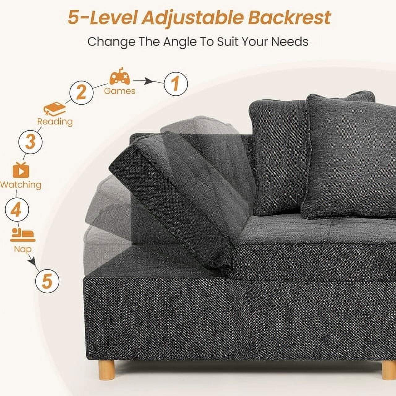 Linen Sofa Beds Chair, 4 in 1 Convertible Chair Sleeper Bed with 5 Adjustable Backrest and 2 Pillows, Black