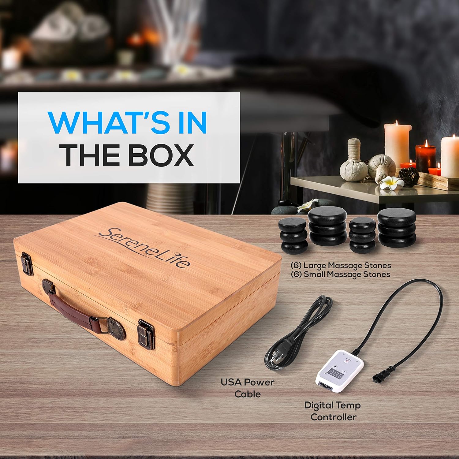 Massage Stone Heater Box Set-Electric Spa Portable Heated Rocks Massage Stones and Warmer Set - Heat Rock Massaging Kit 12 Large/Small Black Stone Set w/Bamboo Heating Case-SereneLife PSLMSGST65.5