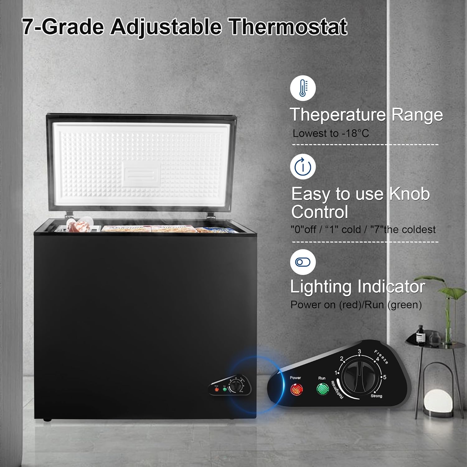 Black Chest Freezer Small Deep Freezer 9 Cu.Ft Free-Standing Top Door Freezer with Adjustable 7 Thermostat and 2 Removable Basket, Compact Freezer for Garage Basement Apartment Kitchen