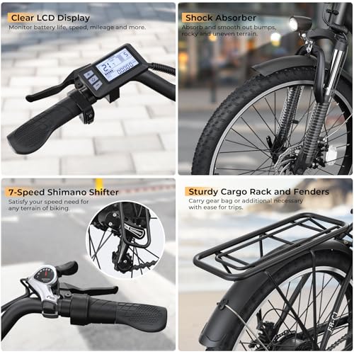 Electric Bike for Adults, 1000W Peak Ebike, 21.7MPH 50Miles City Cruiser Ebikes, 26" Step Thru Electric Bicycle with 48V Removable Battery, Adjustable Stem, Rear Rack, Front Suspension,7 Speed