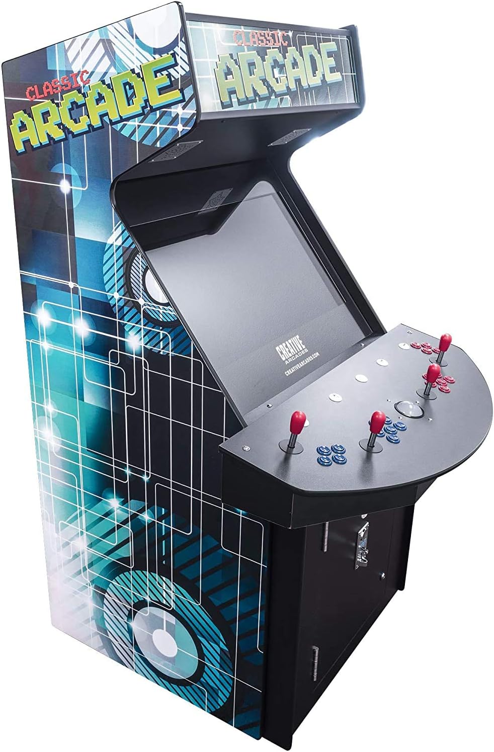 Creative Arcades Full Size Stand-Up Commercial Grade Arcade Machine | 4 Player | 4500 Games | 32" LCD Screen | 4 Sanwa Joysticks | Trackball | 2 Stools Included | 3 Year Warranty
