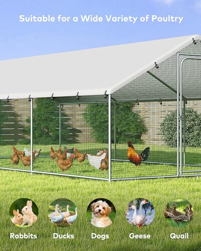 Large Metal Chicken Coop Run with Spire Roof – Outdoor Poultry Cage with Waterproof & UV-Resistant Cover for Chickens, Ducks, Rabbits, and Hens in Yard or Farm Use(8.9’ W x 11.8’ L x 6.6’ H)