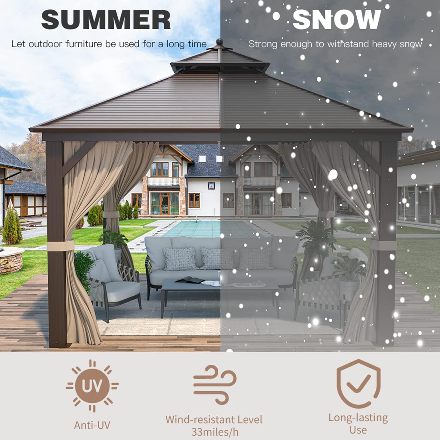 EROMMY Hardtop Gazebo Galvanized Steel Outdoor Gazebo Canopy Double Vented Roof Pergolas Aluminum Frame with Netting and Curtains for Garden,Patio,Lawns,Parties (10'x 13')