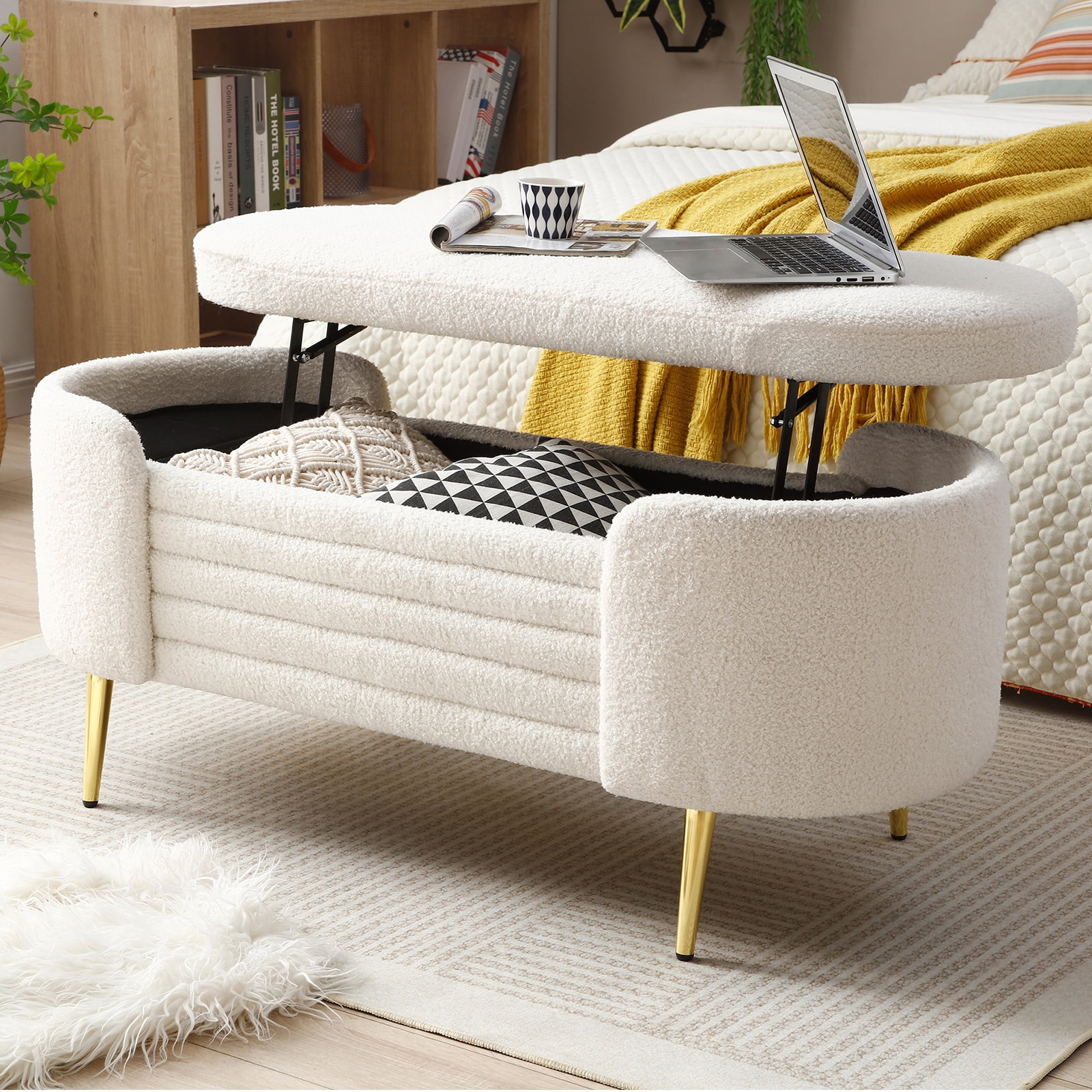 Sudwesto 45.3" Storage Ottoman Bench with Lift Top Design, Modern End of Bed Bench with Upholstered Sherpa Fabric, Toy Storage Bench for Bedroom, Living Room - Curated Treasures Market