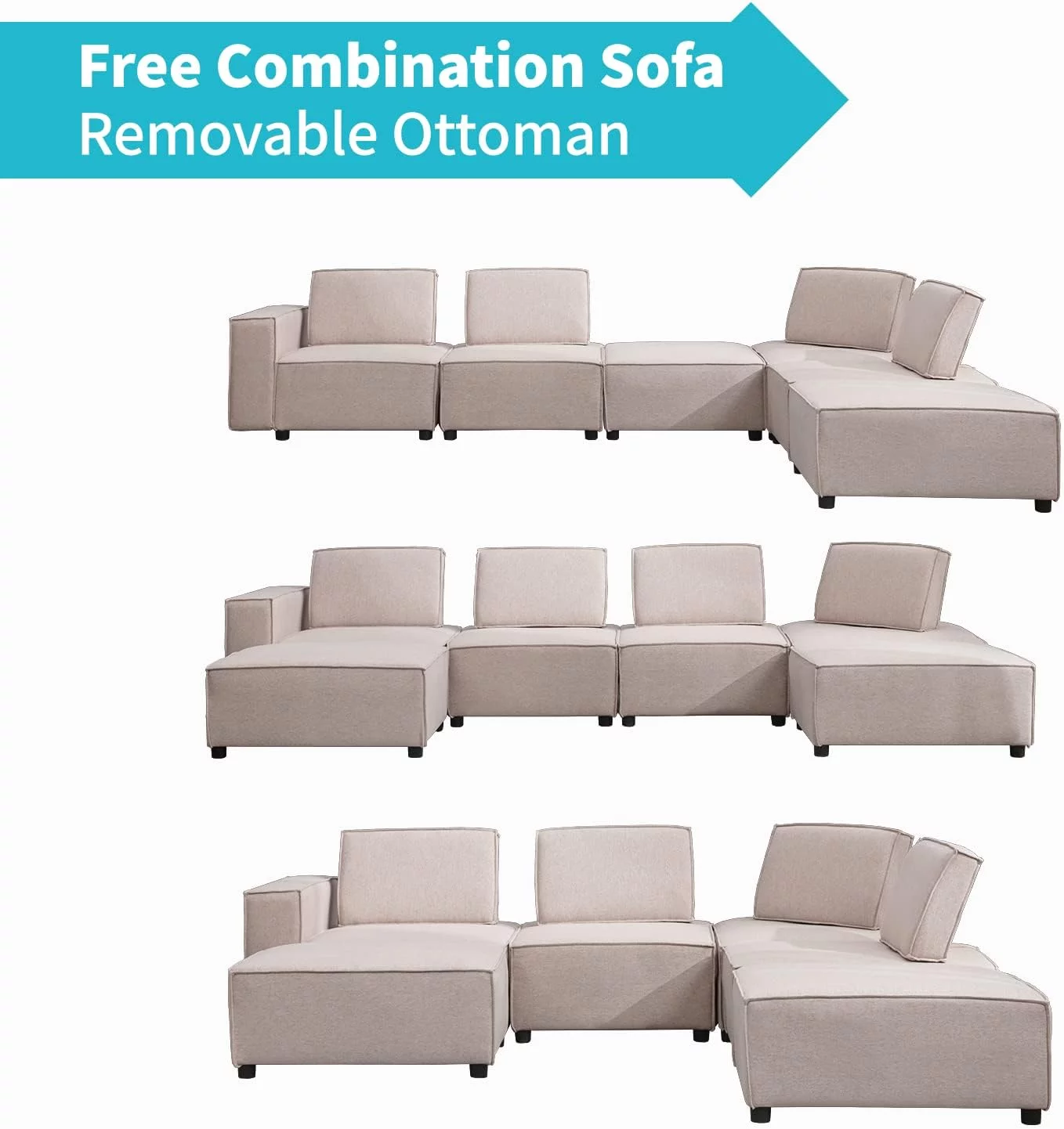 ZAFLY L Shaped Modular Sectional Sofa Couch, Armless Floor Sofa Couch with Ajustable Backrest, Convertible 6 Seats Sofa Bed, Oversized Variable Sectional Sofa Couches for Living Room, Beige